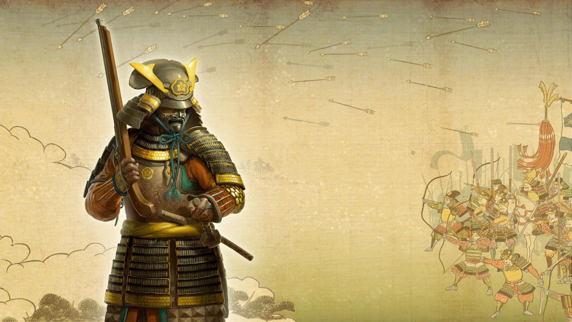 Shogun 桌布 壁紙 — 一位身穿華麗盔甲的武士戰士堅定地站立，箭如雨下，背景是羊皮紙質感的遠方戰鬥場景。