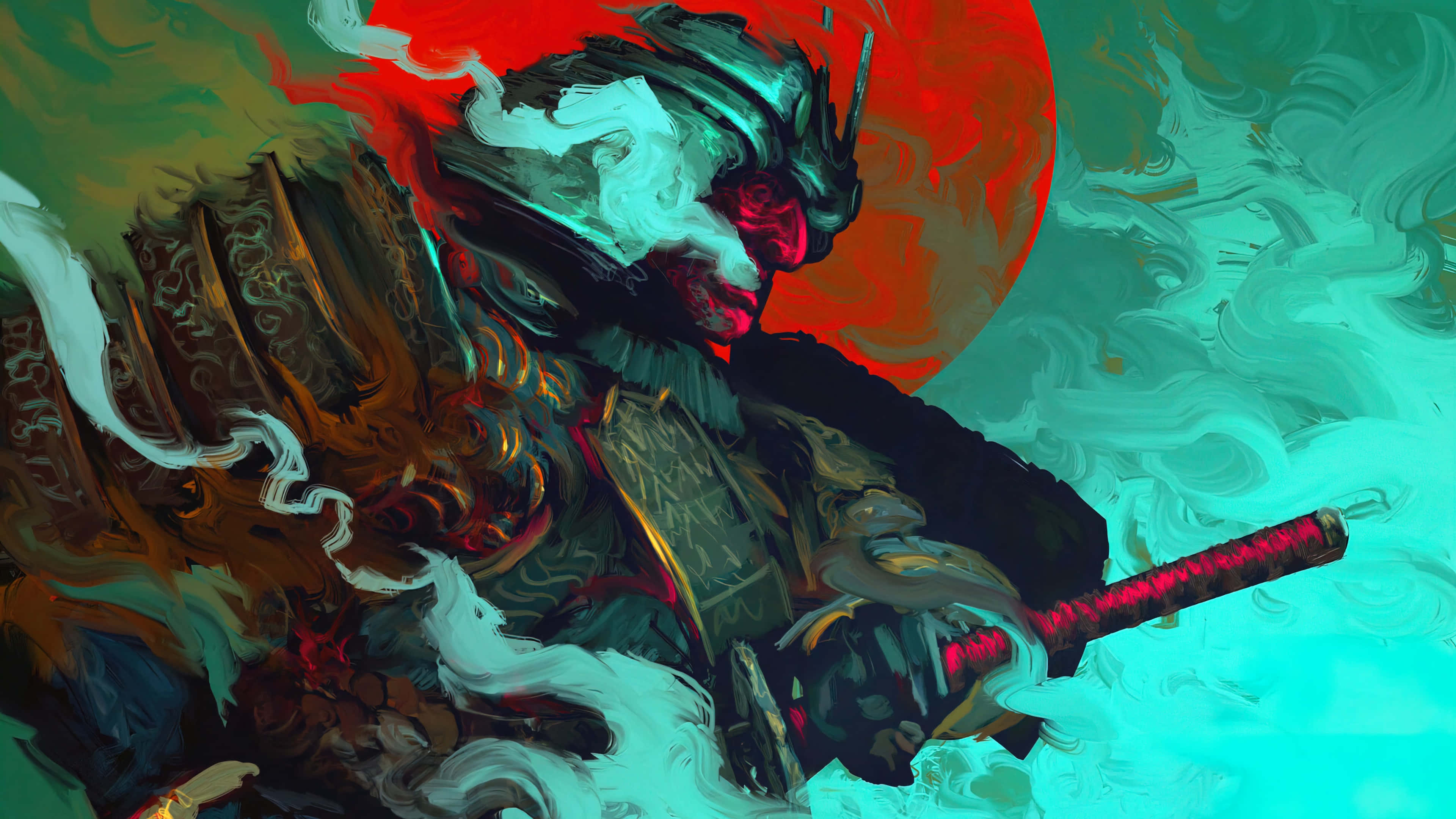 Dark Samurai 桌布 壁紙 — 一位身穿華麗盔甲的武士揮舞著武士刀，背景是旋轉的紅色和藍綠色，還有一個發光的紅色太陽。