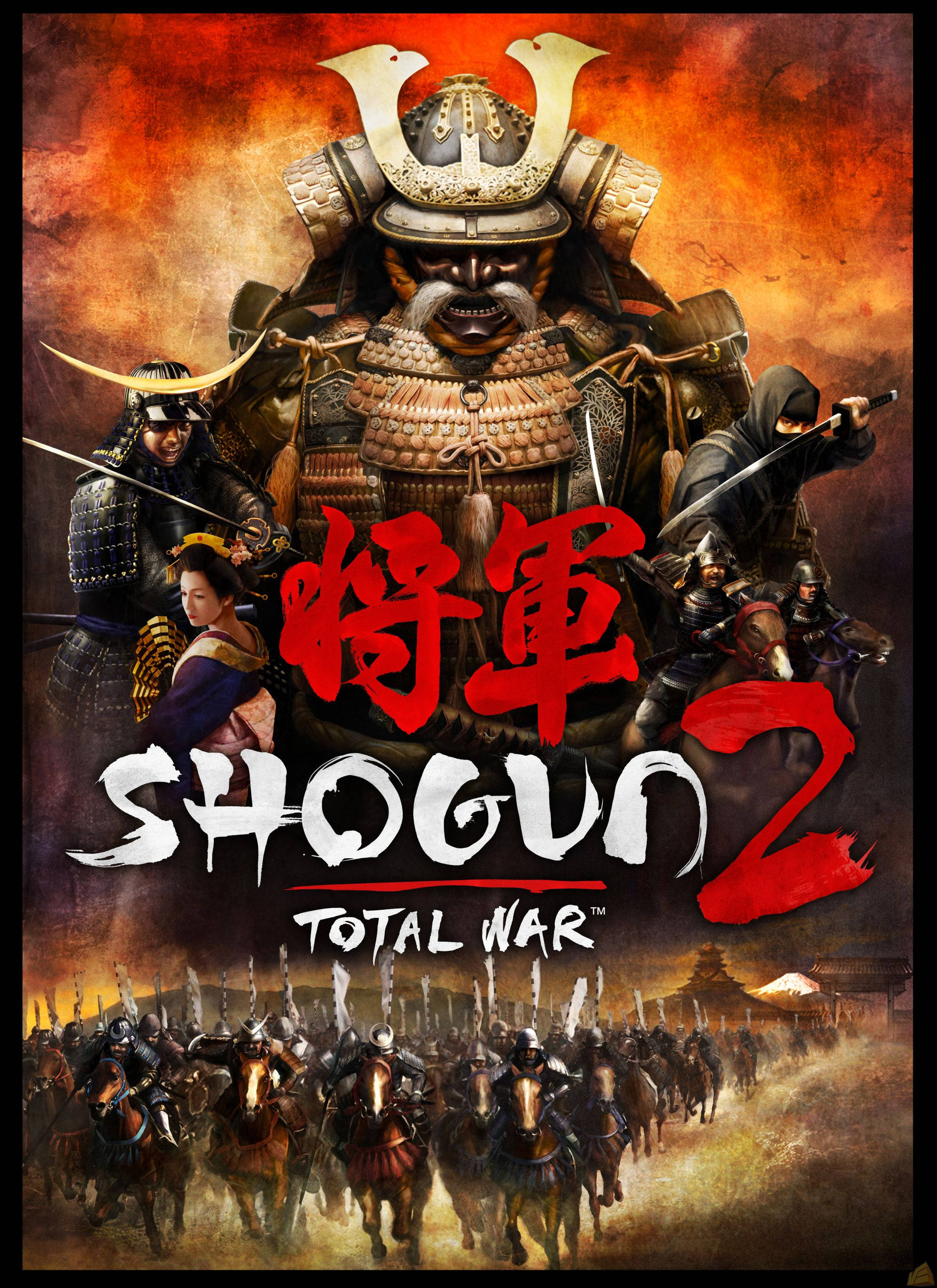 shogun 2 total war 桌布 壁紙 — 一位身穿華麗盔甲的武士武士在火熱的戰場上佔據主導地位，騎兵在粗體紅白遊戲標題文字下衝鋒。