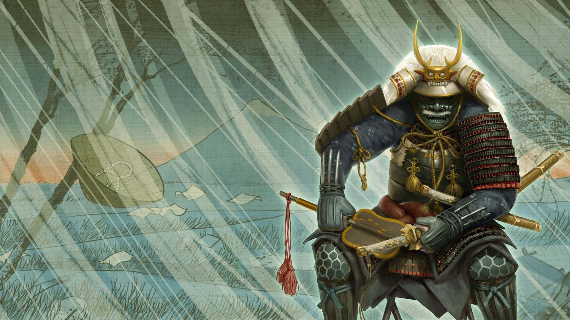 Shogun 桌布 壁紙 — 一位身穿華麗盔甲的武士武士莊嚴地坐在雨淋的田野中，遠處有山。