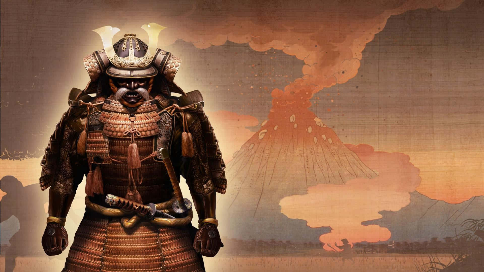 Shogun 桌布 壁紙 — 一位身穿華麗盔甲的武士站在冒煙的火山前，天空如火般燃燒。