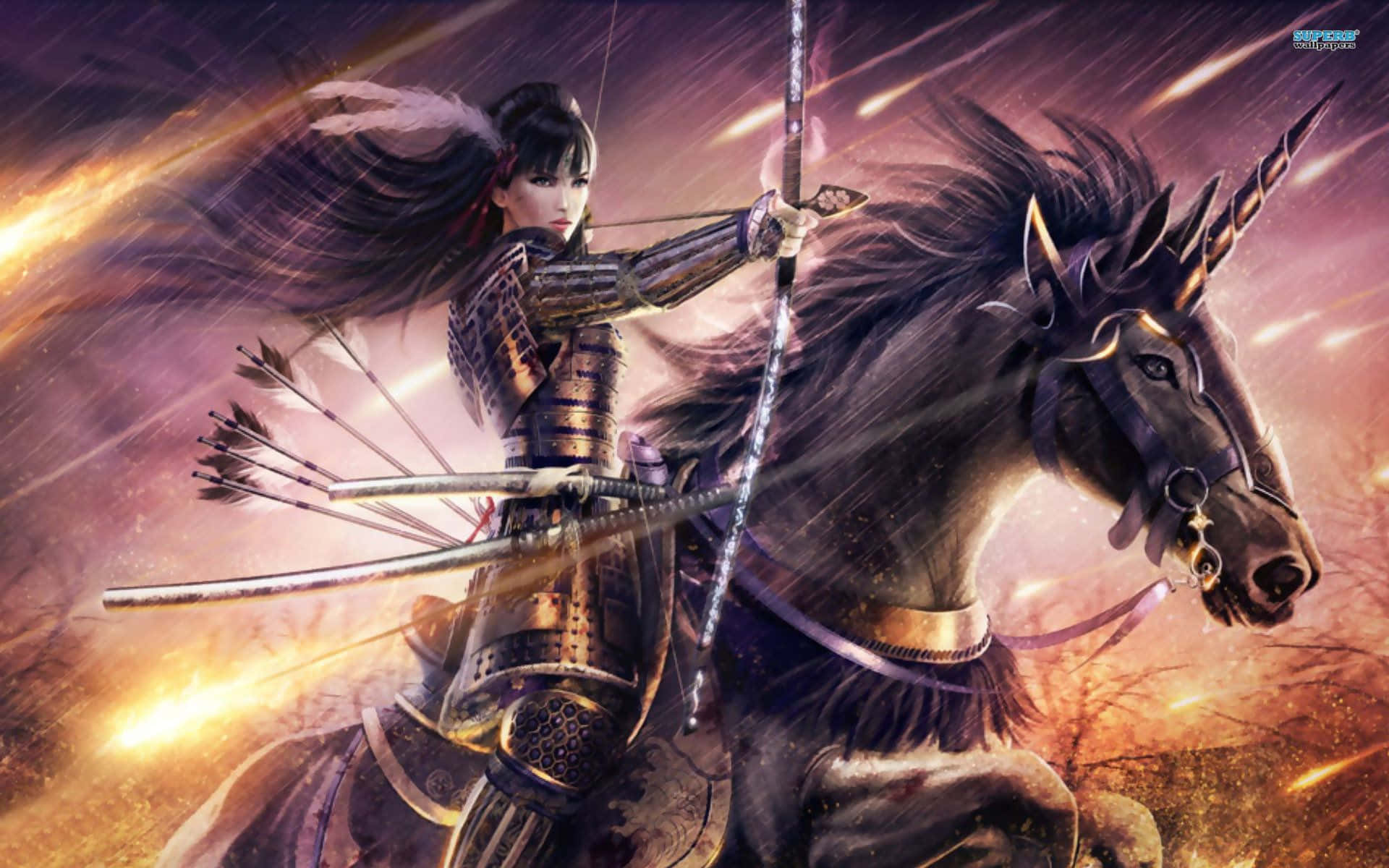 Archery 桌布 壁紙 — 一位身穿華麗盔甲的武士騎著一匹黑暗獨角獸，在熾熱的暴風雨中拉弓。