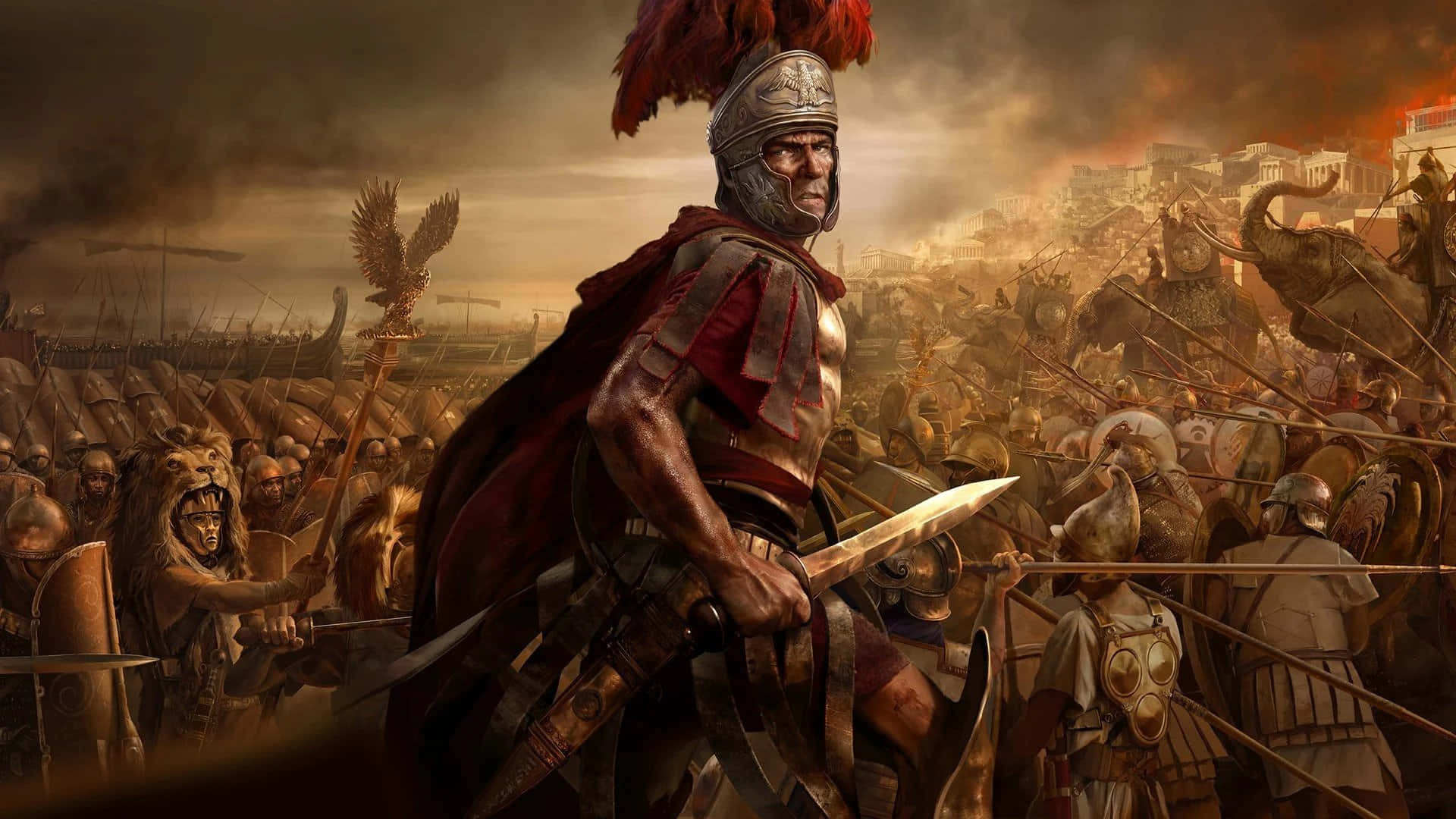 Roman 桌布 壁紙 — 一位身穿華麗盔甲的羅馬將軍，在煙霧瀰漫的遠方有大象和船隻的混亂戰場上，挑釁地站立著。