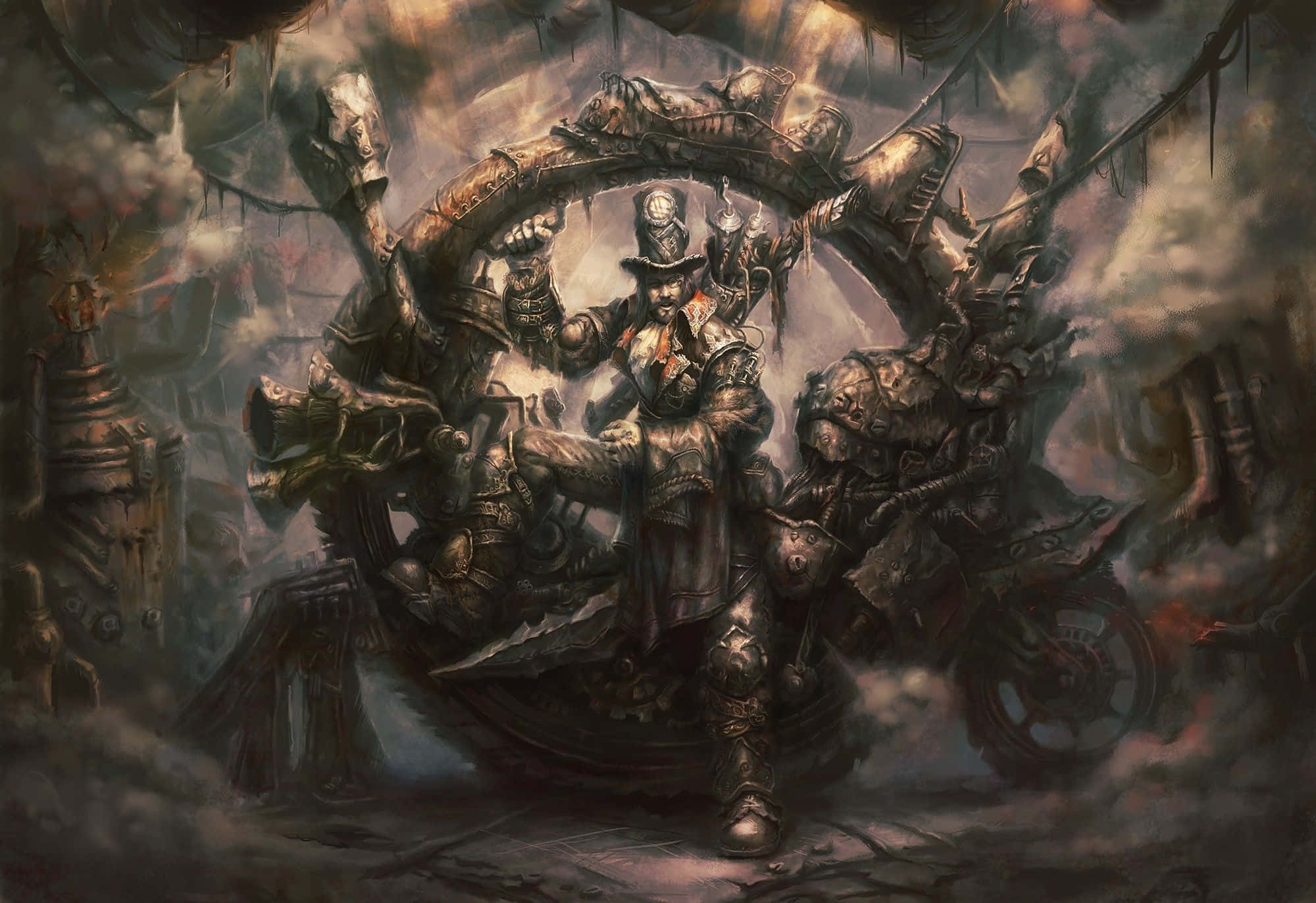 Dark Steampunk 桌布 壁紙 — 一位身穿華麗盔甲的蒸氣龐克戰士坐在機械王座上，身處陰暗、佈滿齒輪的廢墟中。