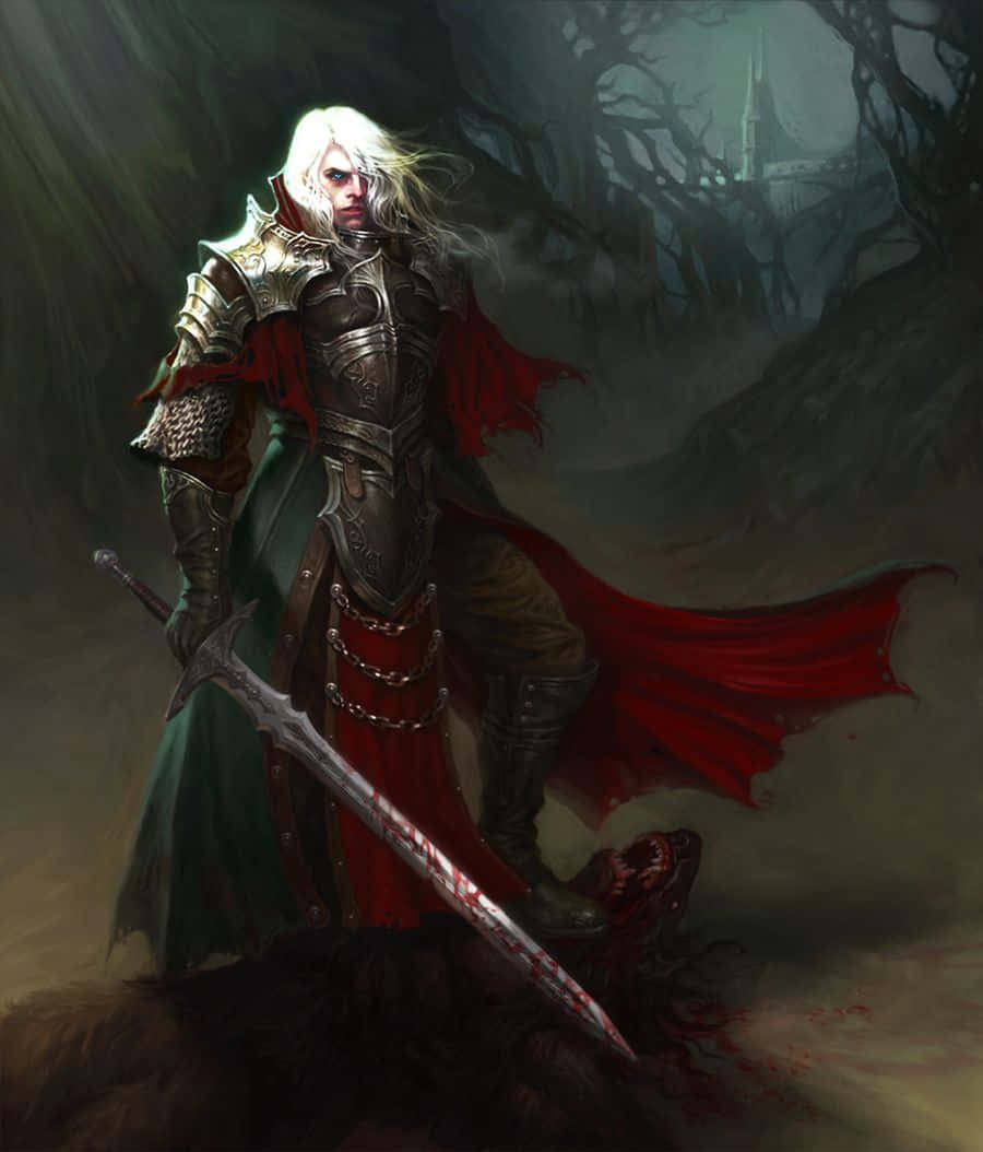 Vampire Lord 桌布 壁紙 — 一位身穿華麗盔甲的蒼白騎士在迷霧森林中挑釁地站立，紅色斗篷飄揚，劍上滴著血，落在倒下的敵人身上。