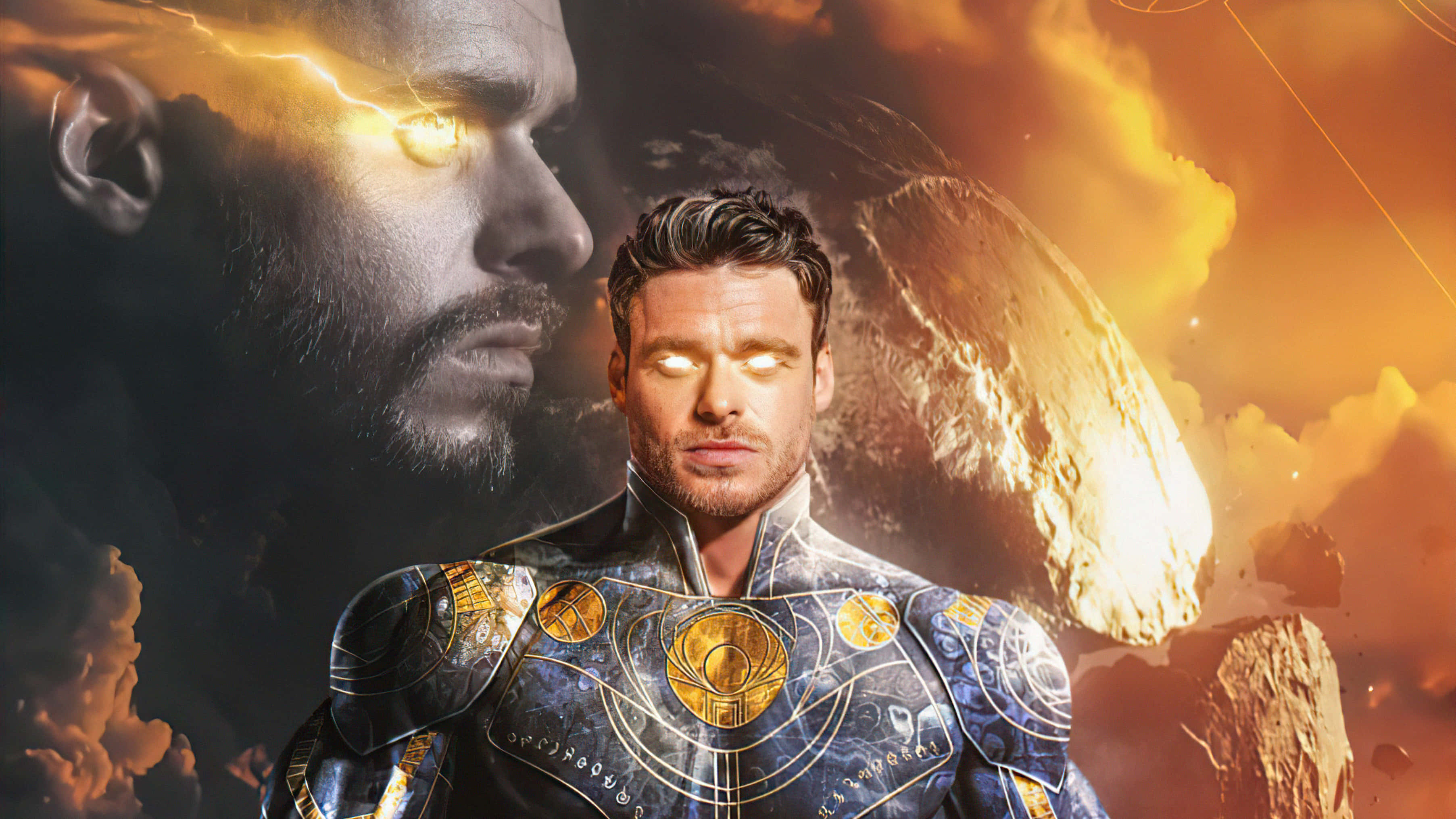 Eternals Movie 桌布 壁紙 — 一位身穿華麗盔甲的超級英雄站在宇宙風暴前，風暴中有巨大的發光面孔和小行星，天空呈火橙色。