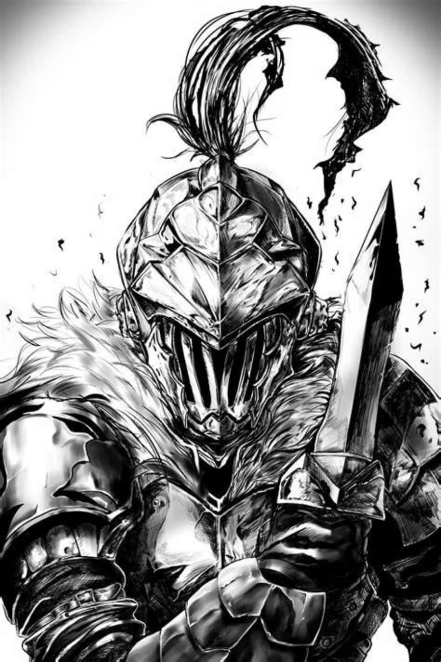 Goblin Slayer 桌布 壁紙 — 一位身穿華麗盔甲的騎士，以戲劇性的黑白墨水插圖風格手持劍。