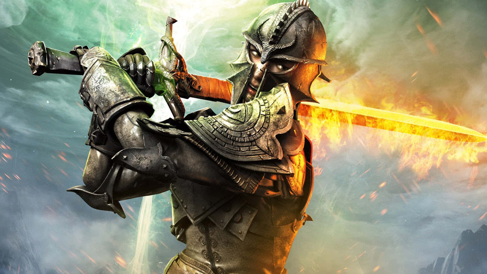 Best Dragon Age Inquisition 桌布 壁紙 — 一位身穿華麗盔甲的騎士，在暴風雨的天空下揮舞著一把火焰劍，周圍有發光的餘燼飛舞。