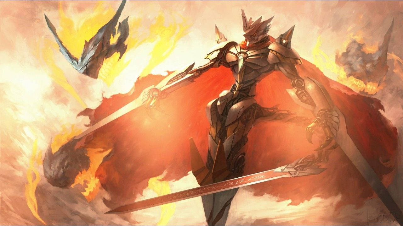 Digimon 桌布 壁紙 — 一位身穿華麗盔甲的騎士，在熾熱的天空中揮舞著發光的劍，對抗一條噴火龍。