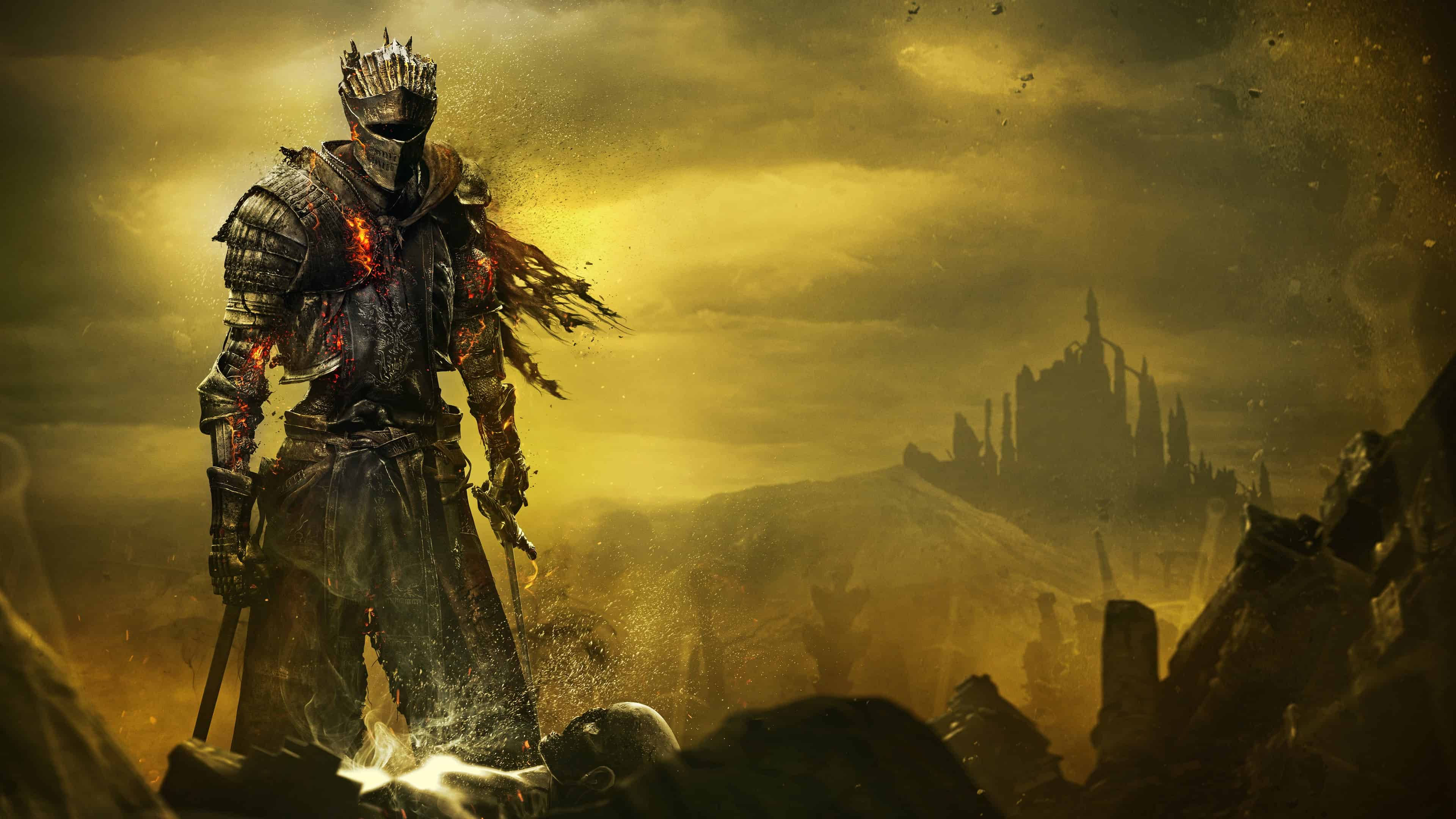 dark souls 4K 桌布 壁紙 — 一位身穿華麗盔甲的騎士，在金色天空下荒涼的戰場上挑釁地站立，遠處有一座城堡若隱若現。