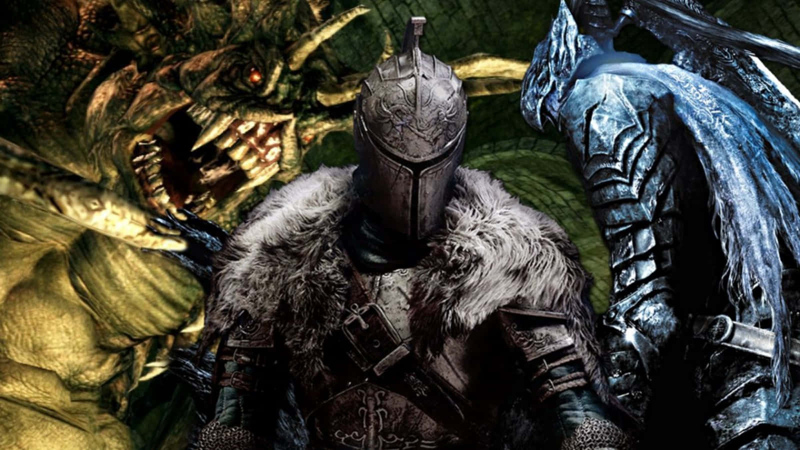Dark Souls Bosses 桌布 壁紙 — 一位身穿華麗盔甲的騎士，在黑暗奇幻戰鬥場景中，面對一隻擁有發光眼睛和鋒利牙齒的恐怖巨龍。
