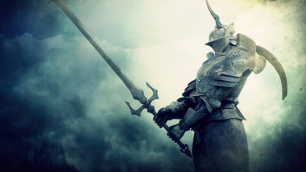 dark souls 4K 桌布 壁紙 — 一位身穿華麗盔甲的騎士，手持巨劍，挑釁地站在暴風雨的天空下。