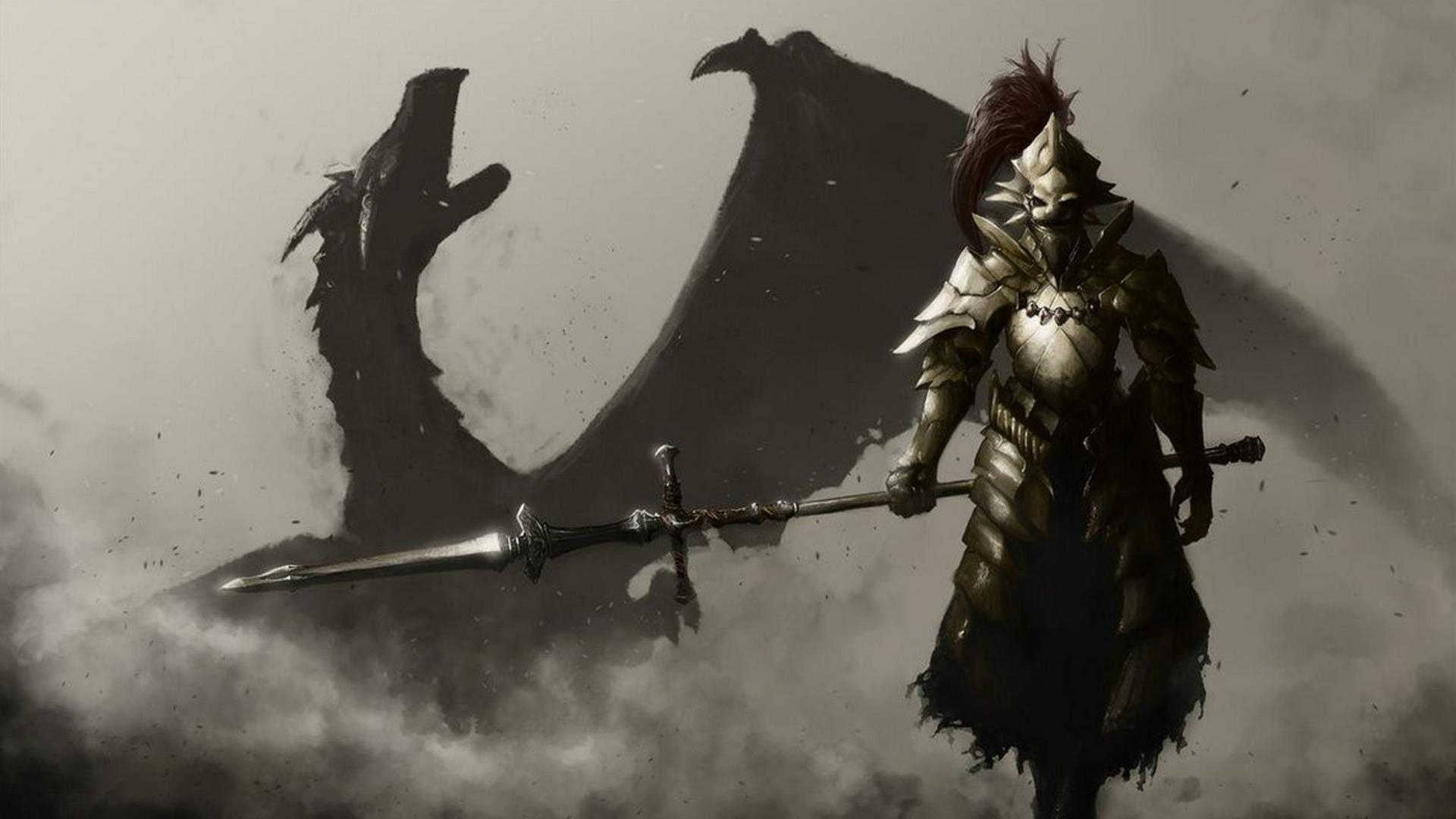 黑暗靈魂 桌布 壁紙 — 一位身穿華麗盔甲的騎士挑釁地站著，手持長劍，而一條巨龍的影子在暴風雨的灰色天空中隱現。