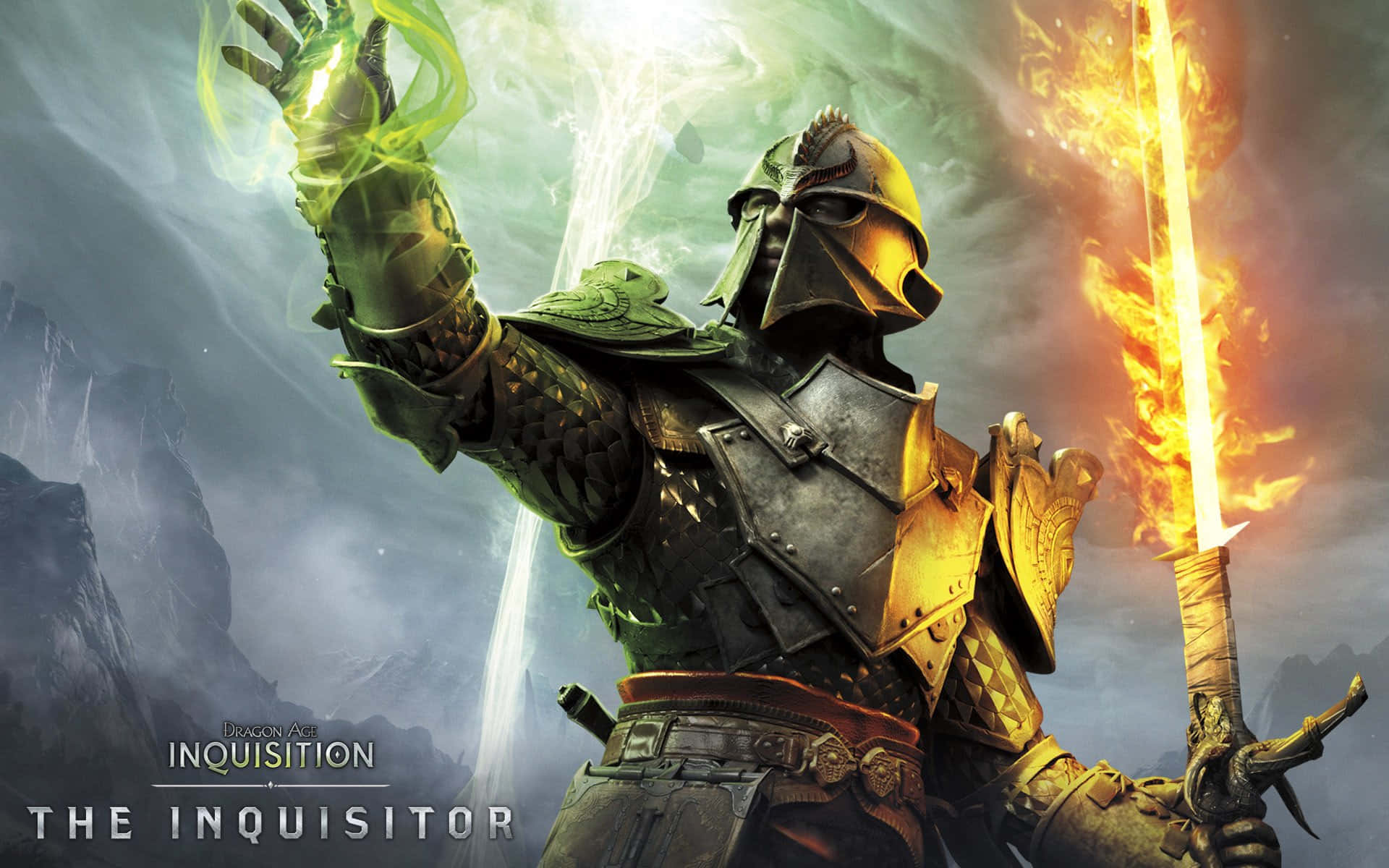 Best Dragon Age Inquisition 桌布 壁紙 — 一位身穿華麗盔甲的騎士揮舞著火焰劍，在暴風雨的山景背景下引導綠色魔法。