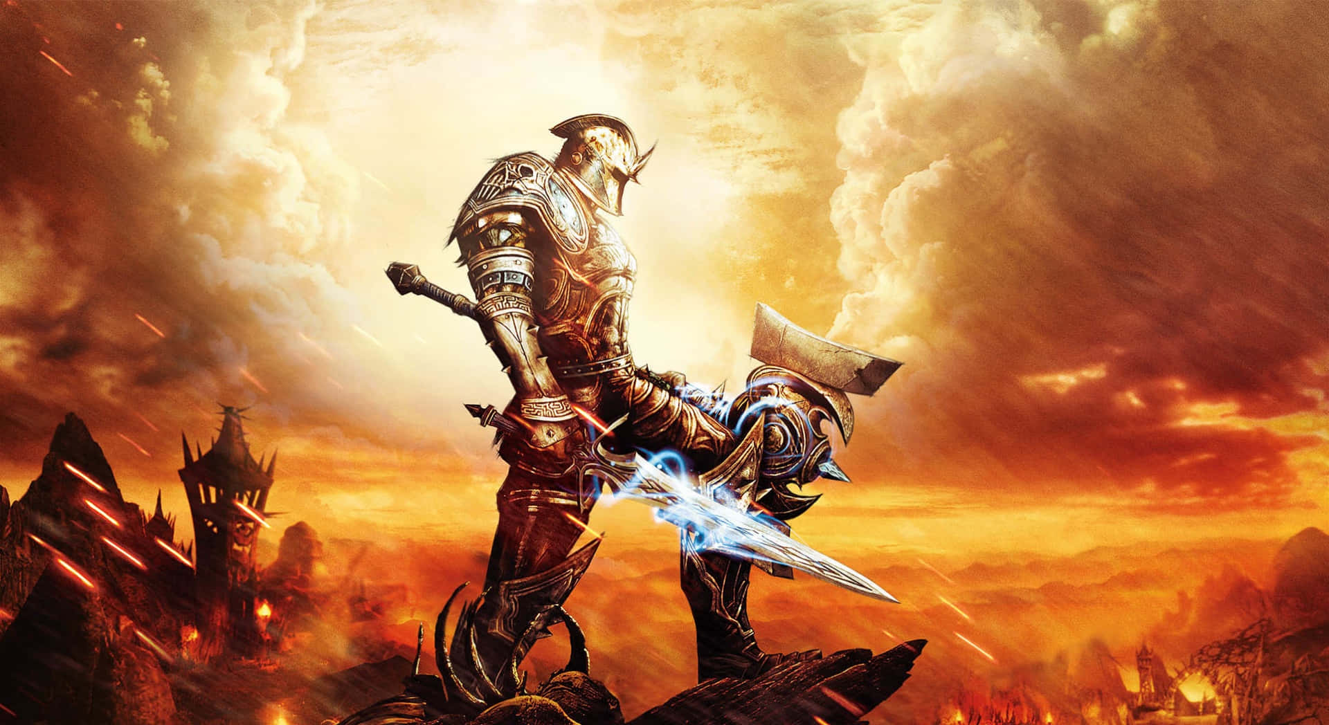 Warrior 桌布 壁紙 — 一位身穿華麗盔甲的騎士站在懸崖頂上，揮舞著發光的劍，背景是熾熱的日落天空和遠處的城堡廢墟。