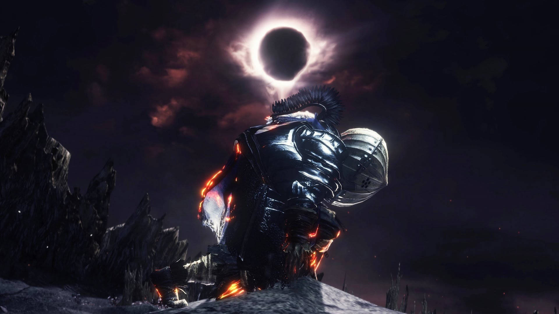dark souls 4K 桌布 壁紙 — 一位身穿華麗盔甲的騎士站在白雪覆蓋的山峰上，下方是戲劇性的日蝕，投射出詭異的紅光。