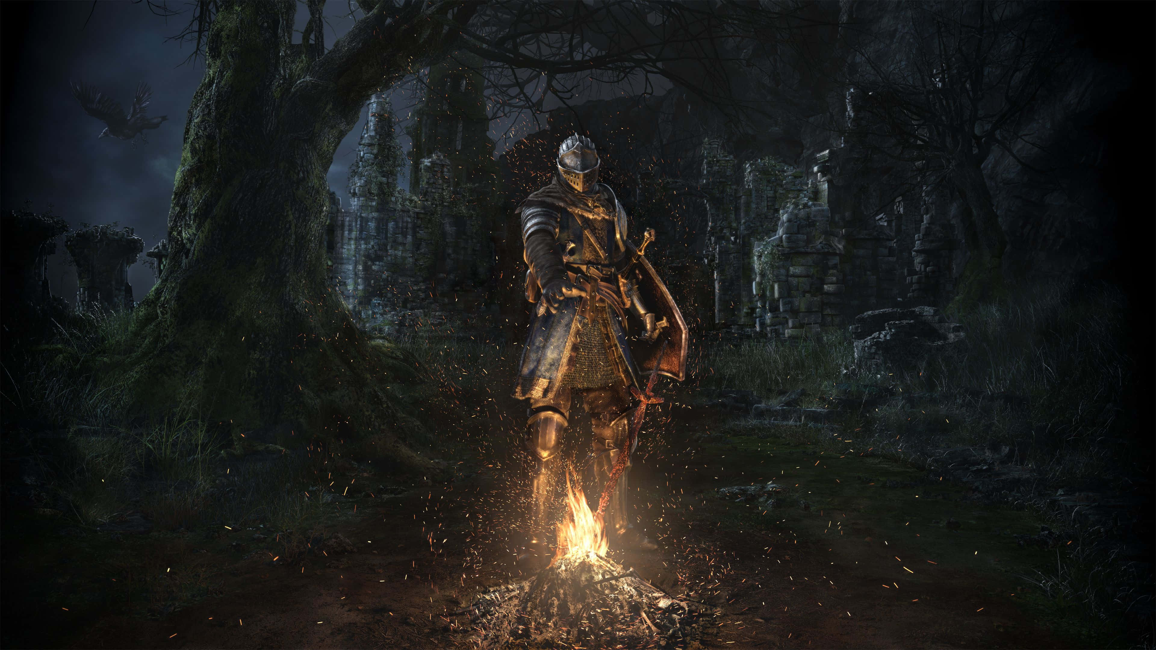 Dark Souls Bonfire 桌布 壁紙 — 一位身穿華麗盔甲的騎士站在陰暗森林中閃爍的營火前，周圍有古老廢墟和頭頂飛行的生物。