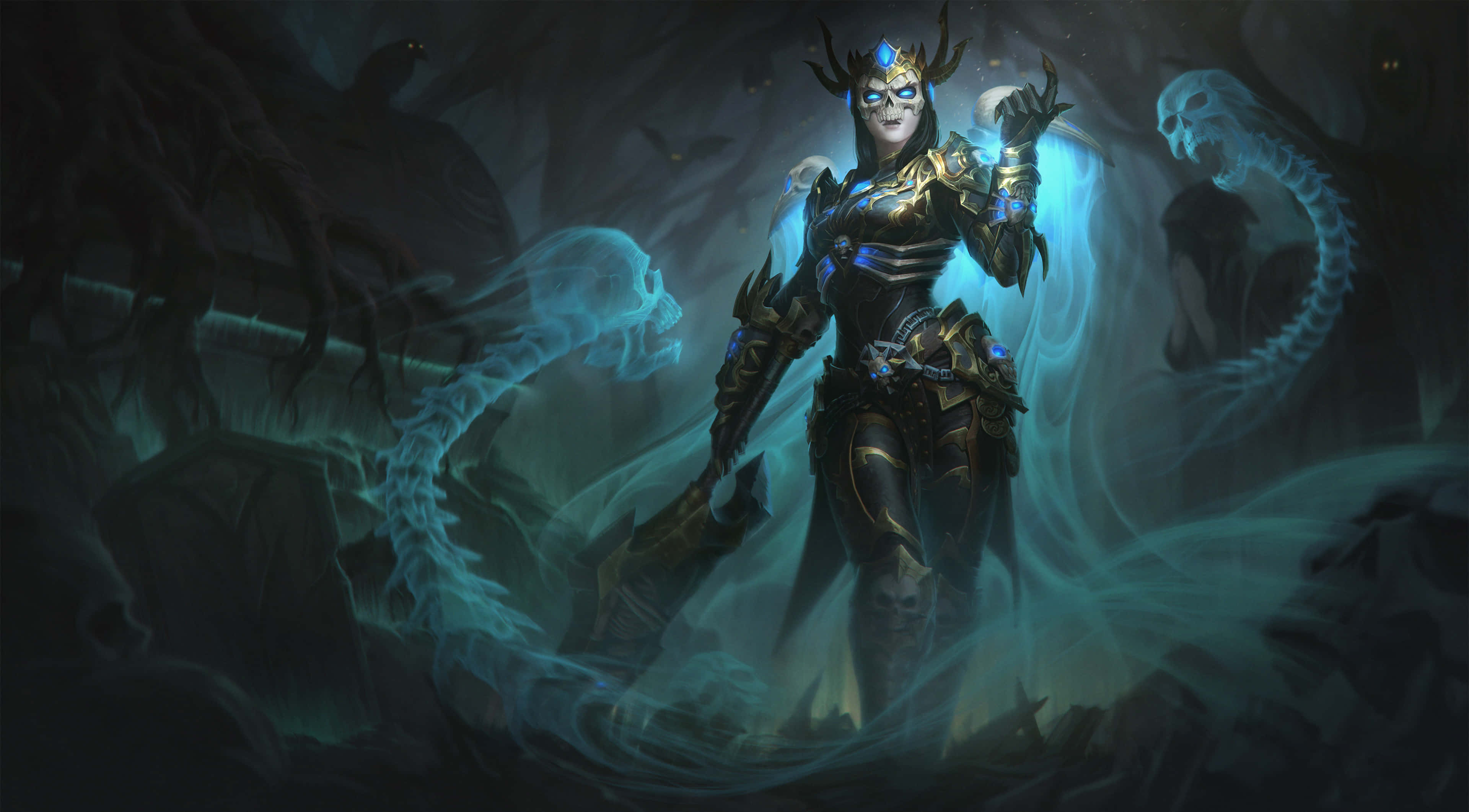 Smite 桌布 壁紙 — 一位身穿華麗盔甲的黑暗奇幻戰士，在旋轉的幽靈能量和陰影骷髏中揮舞著發光的藍色魔法。