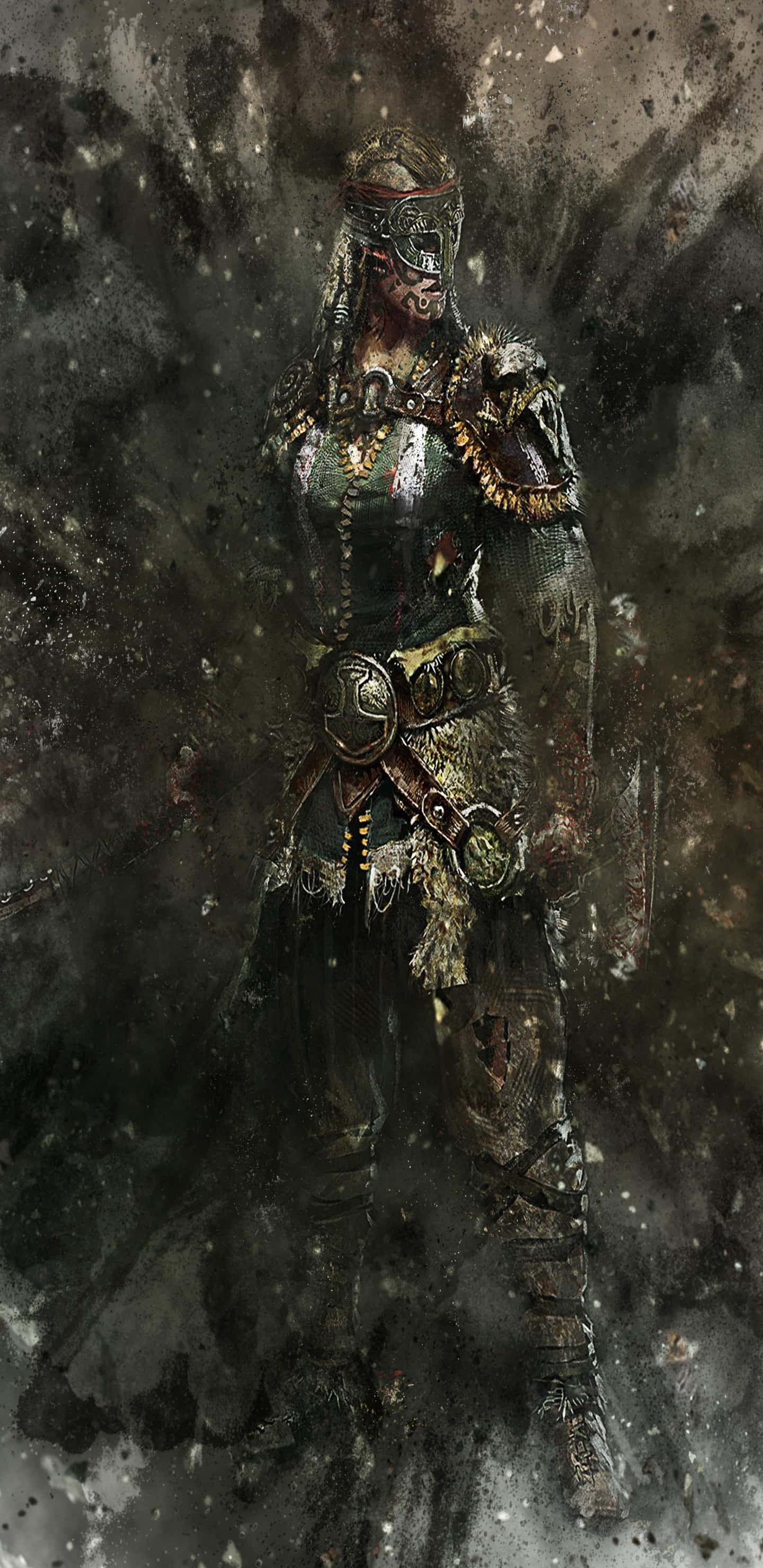 For Honor 桌布 壁紙 — 一位身穿華麗盔甲的黑暗奇幻戰士，站在旋轉的暴風雲中，擁有發光的眼睛和複雜的金色細節。