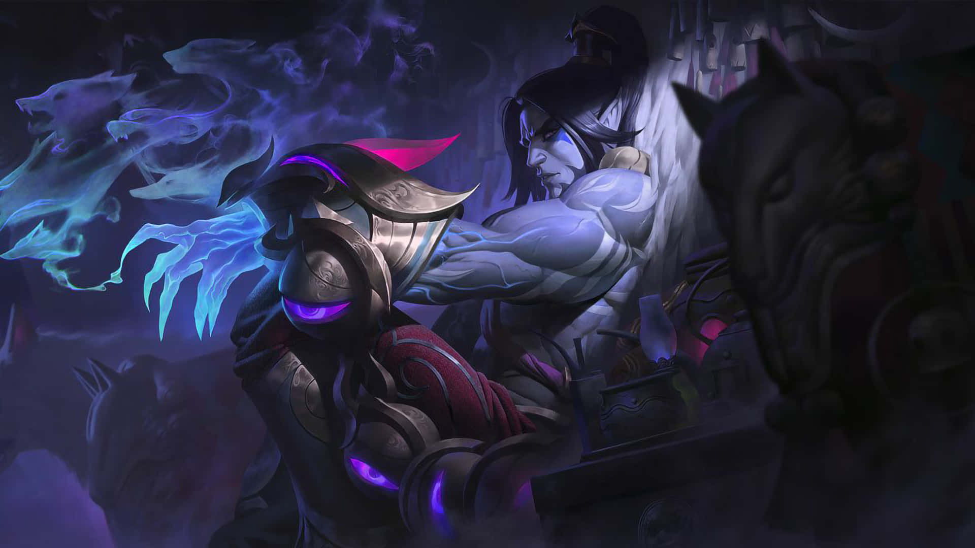 Lol 1920 X 1080 Gaming 桌布 壁紙 — 一位身穿華麗盔甲的黑暗奇幻戰士，在陰影籠罩的神秘戰鬥中與發光的藍色幽靈狼交鋒。