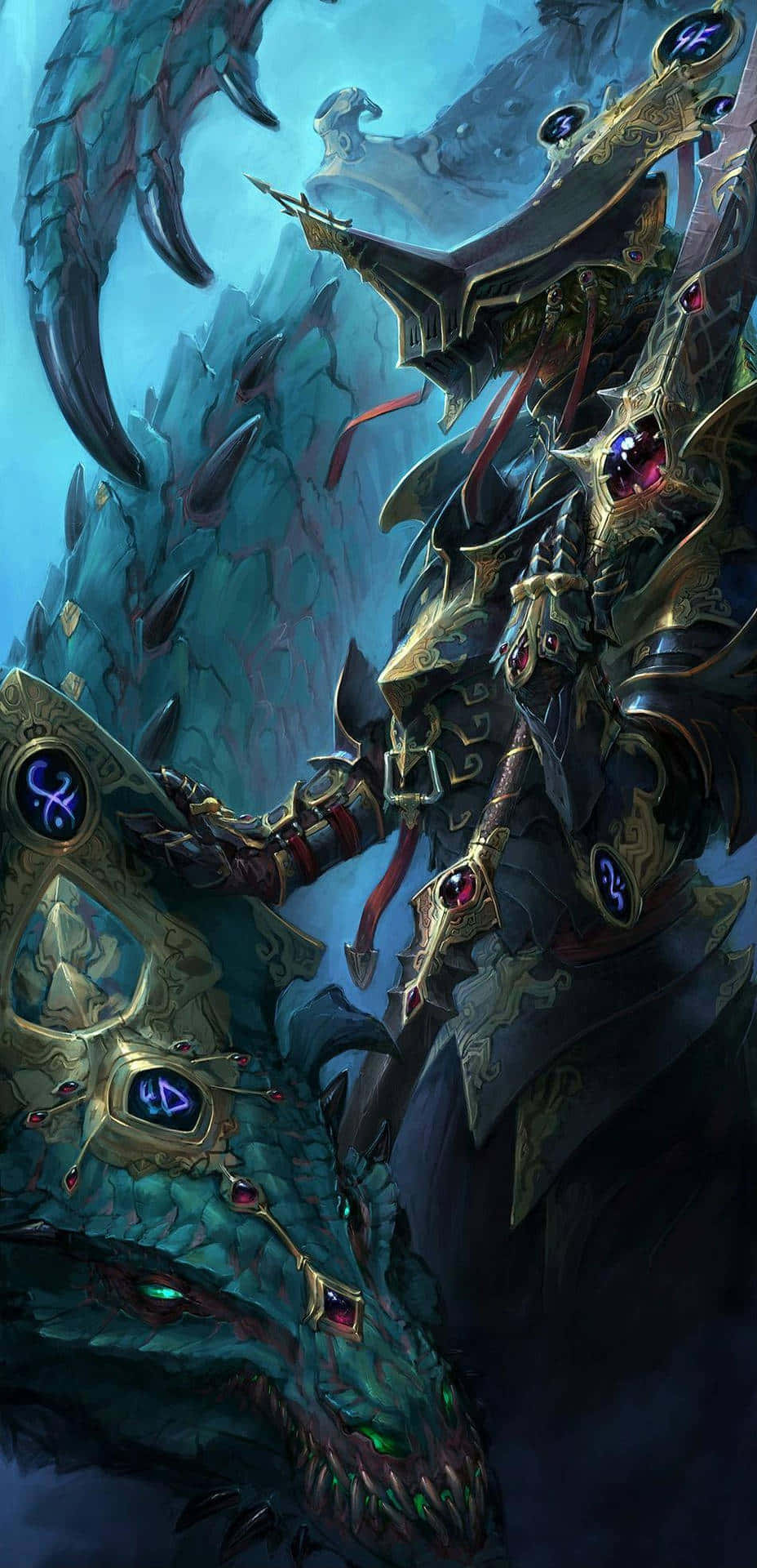 電玩遊戲 桌布 壁紙 — 一位身穿華麗盔甲的黑暗奇幻戰士，騎著一頭巨大的裝甲龍，穿過崎嶇的冰洞。