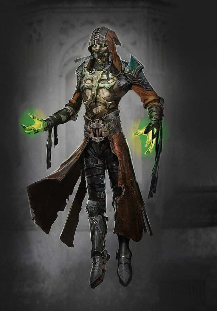 Mortal Kombat Ermac 桌布 壁紙 — 一位身穿華麗盔甲的黑暗奇幻戰士在陰暗石拱背景前懸浮於半空，雙手散發出發光的綠色能量。