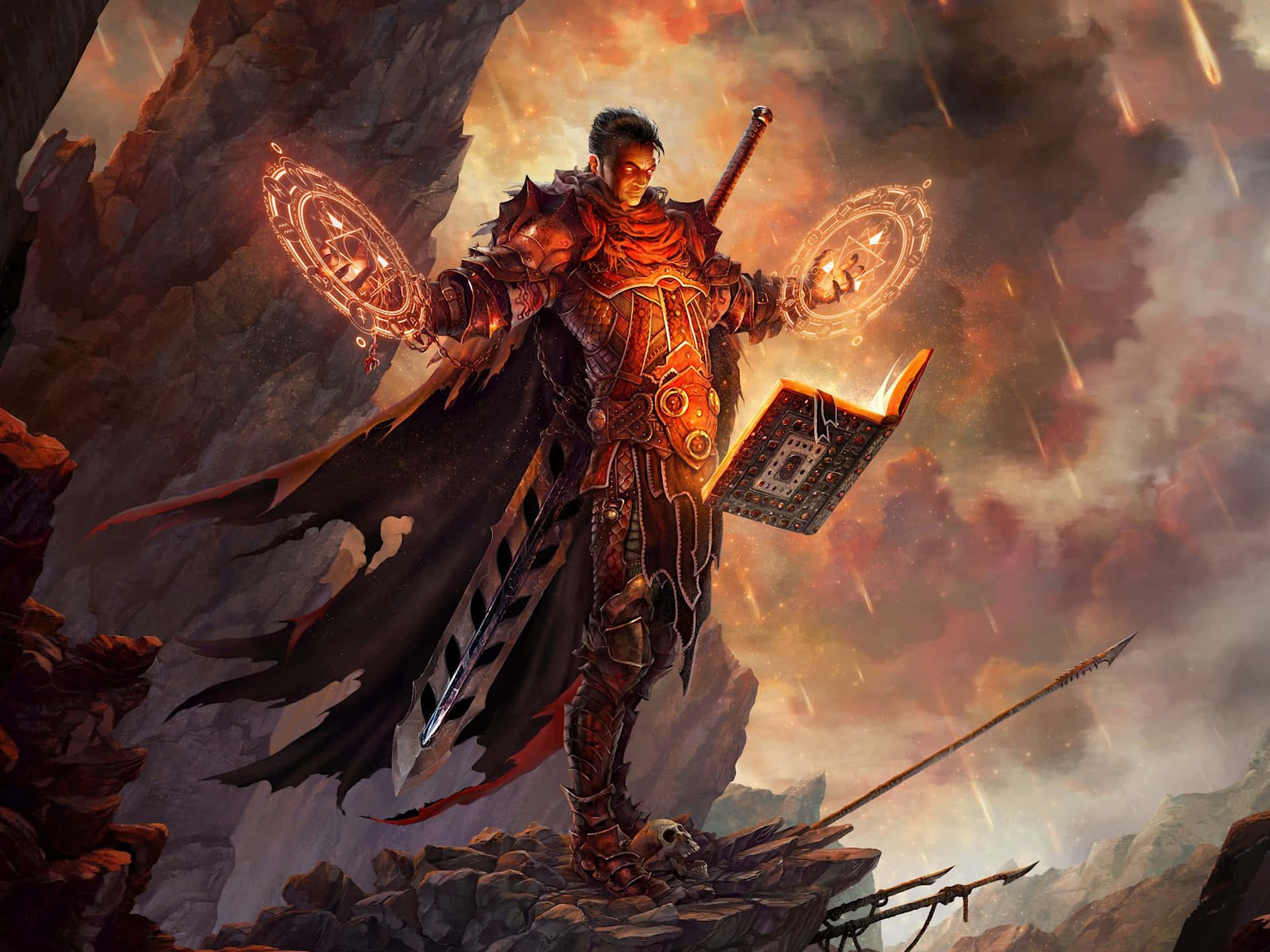 Sorcerer 桌布 壁紙 — 一位身穿華麗盔甲的黑暗奇幻戰士站在懸崖頂上，手持打開的魔法書，召喚發光的魔法圓圈。