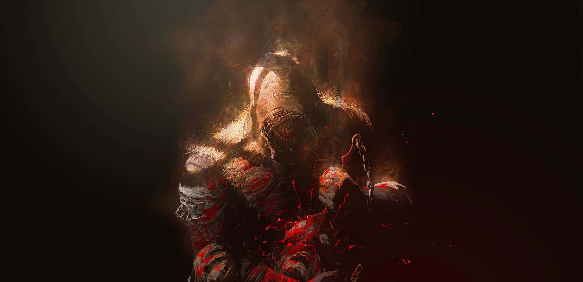 Mortal Kombat Fatality 桌布 壁紙 — 一位身穿華麗盔甲的黑暗騎士，在黑色虛空中被烈焰光芒和鮮血吞沒。