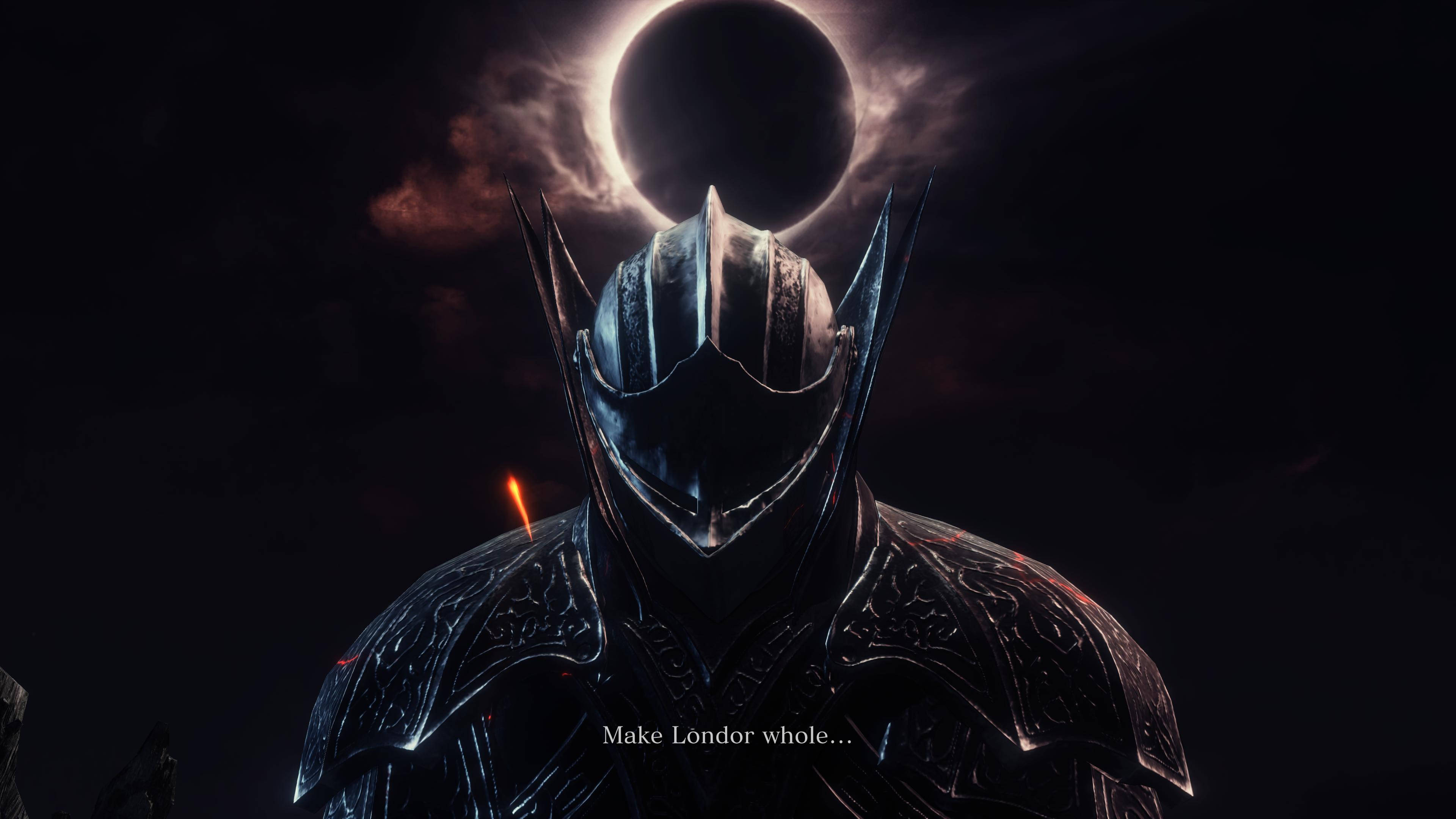 Dark 4K 桌布 壁紙 — 一位身穿華麗盔甲的黑暗騎士，站在血紅色月食前，背景是不祥的夜空。
