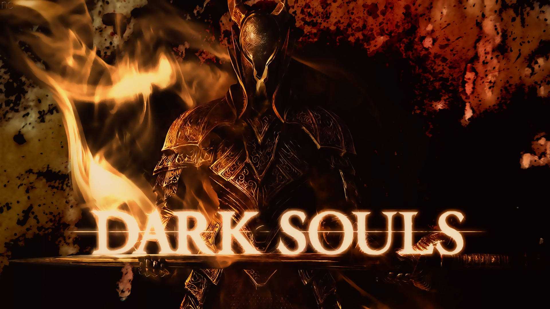 dark souls 4K 桌布 壁紙 — 一位身穿華麗盔甲的黑暗騎士站在旋轉的火焰中，手持發光的標題 Dark Souls。