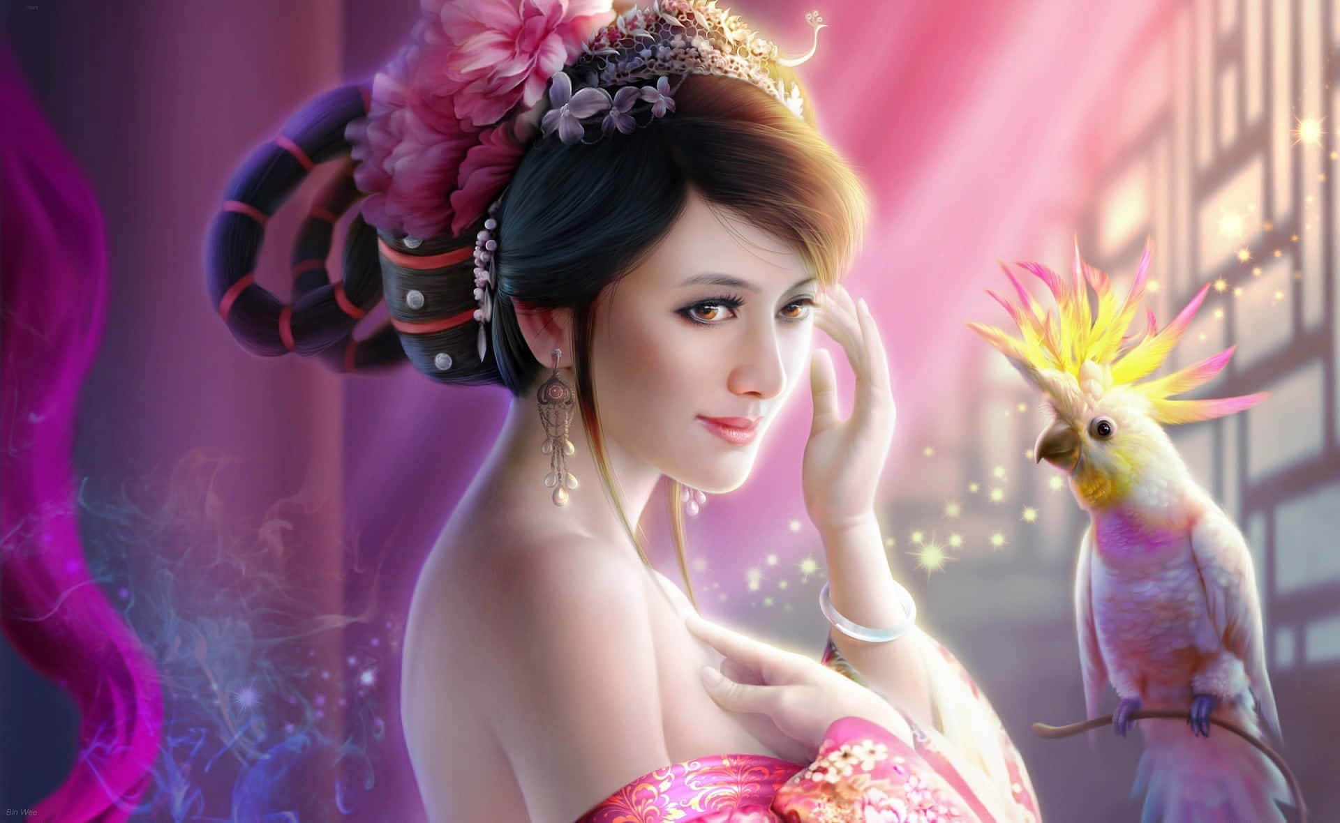 桌布 壁紙 — 一位身穿華麗粉紅色服飾、頭戴花冠的美麗女子，在閃爍魔幻的場景中，溫柔地凝視著身旁色彩鮮豔的鳳頭鸚鵡。