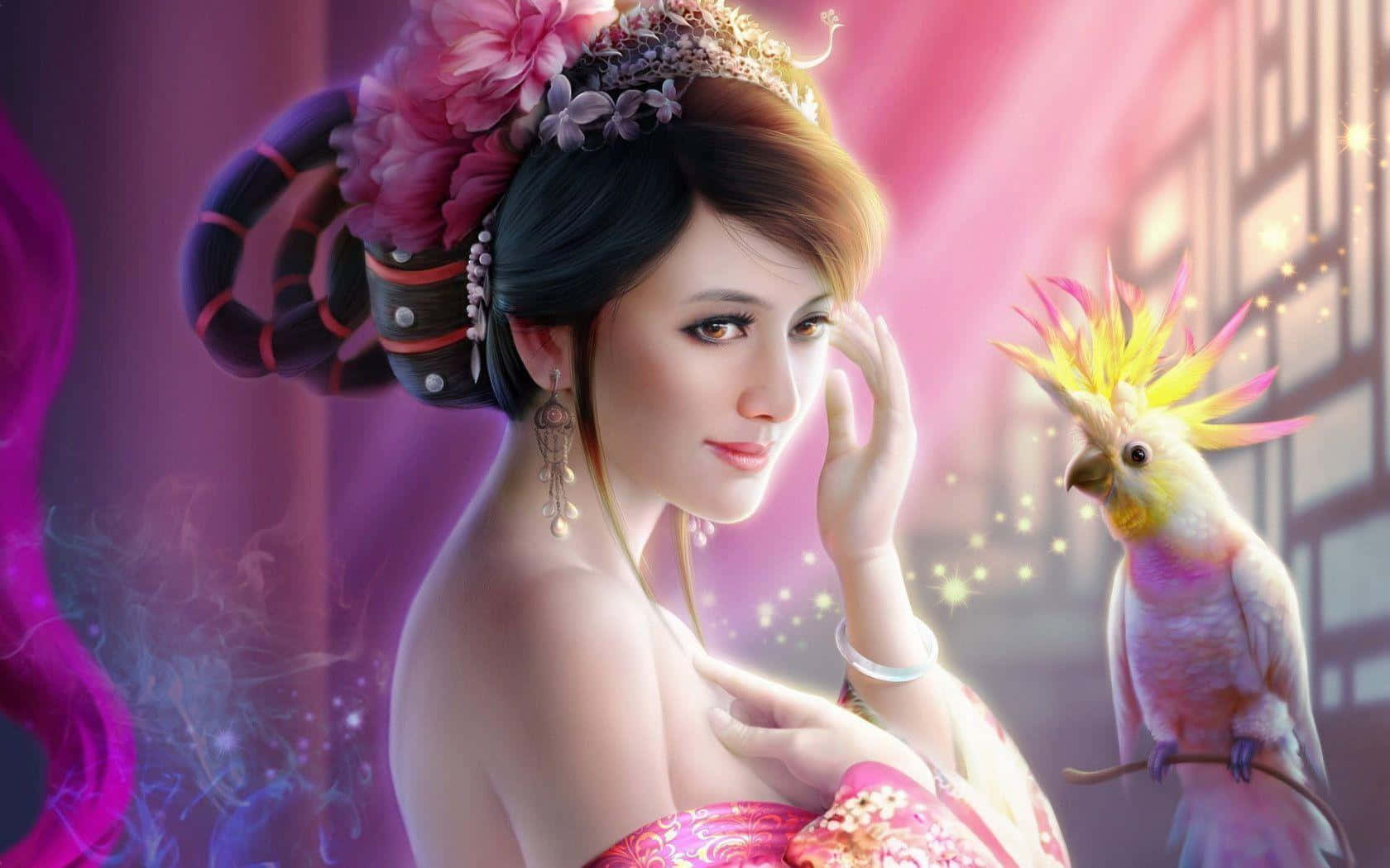 3d Girly 桌布 壁紙 — 一位身穿華麗粉紅色服飾、頭戴花卉頭飾的美麗女子，在夢幻般的紫色燈光環境中，輕輕觸摸自己的臉龐，旁邊有一隻色彩繽紛的鳳頭鸚鵡。