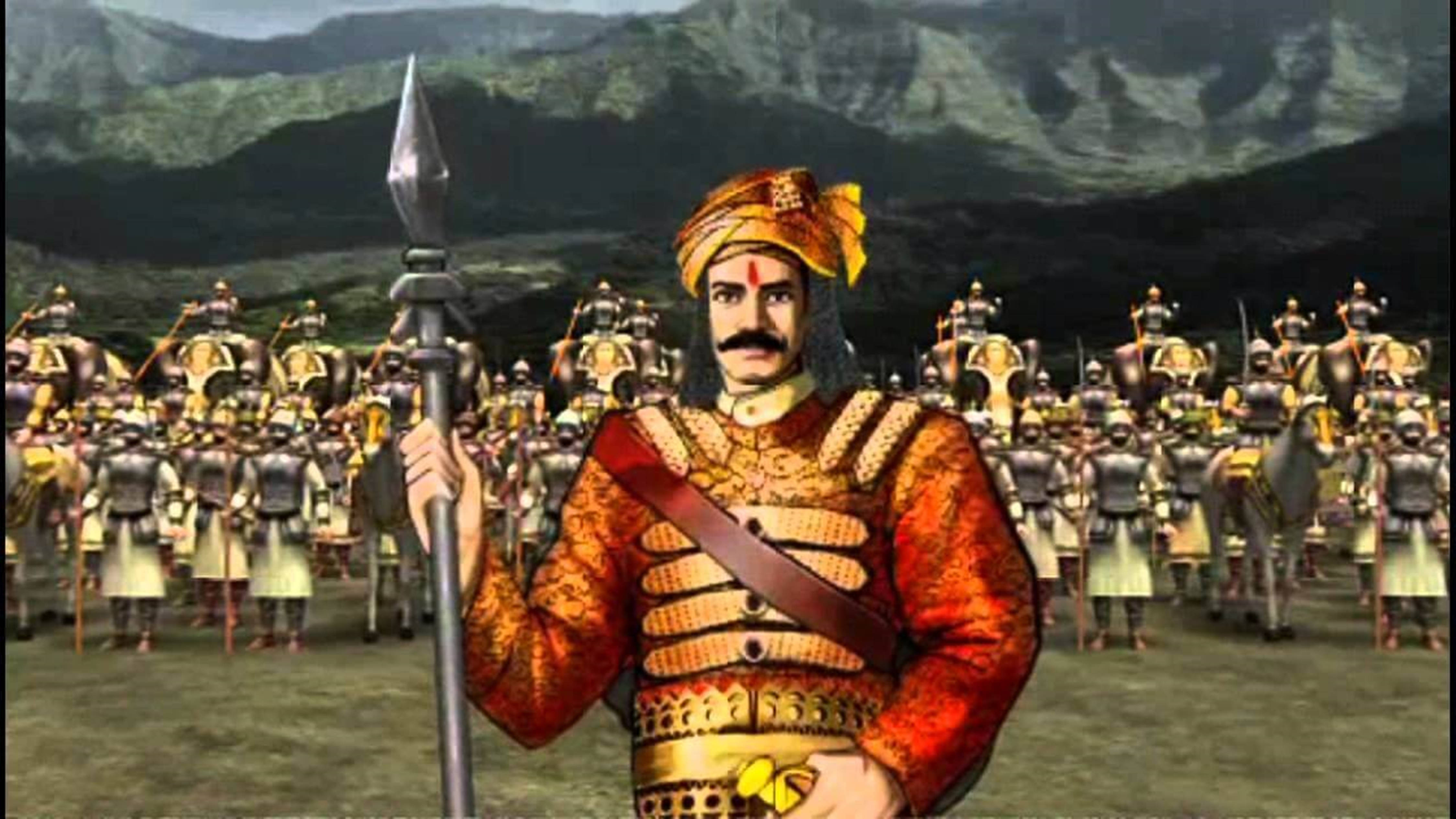 Battlefield 桌布 壁紙 — 一位身穿華麗紅金鎧甲的王者戰士，站在廣大騎兵軍隊前，背景是山脈。