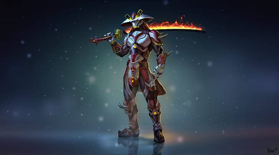 Susanoo 桌布 壁紙 — 一位身穿華麗紅銀鎧甲的戰士，手持火焰劍，在星空夜空下蓄勢待發。