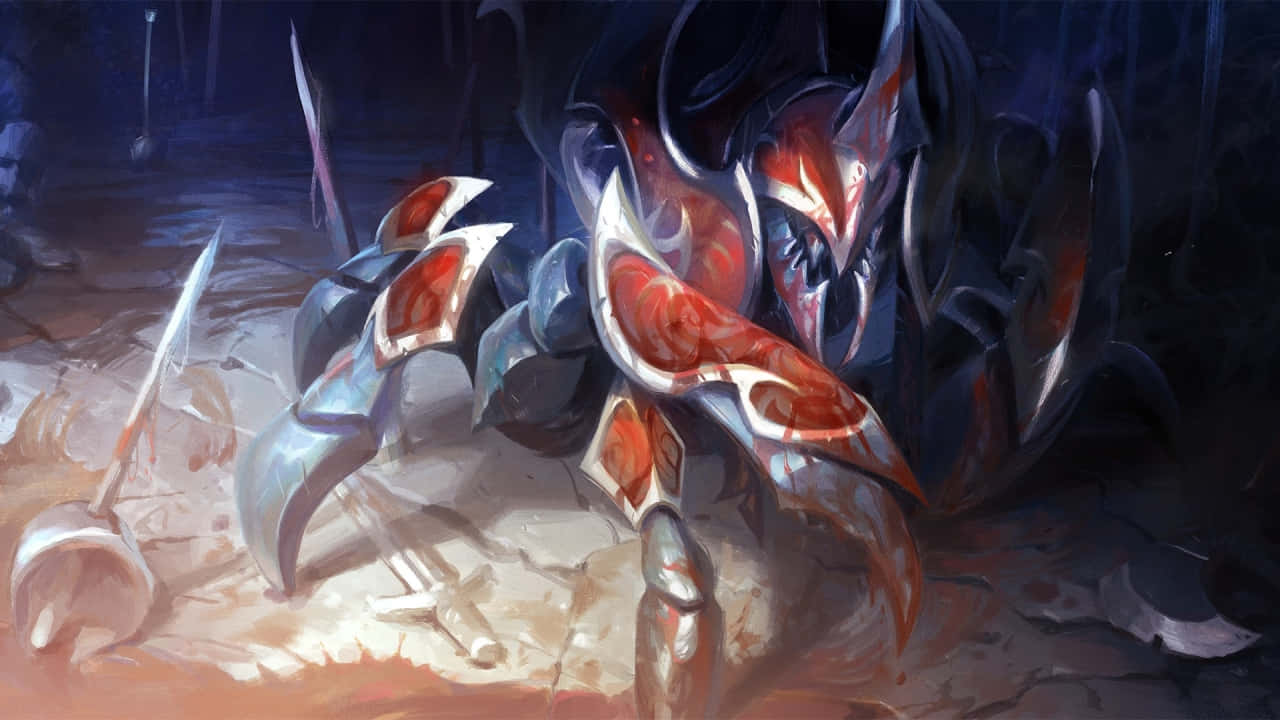 電玩遊戲 桌布 壁紙 — 一位身穿華麗紅銀鎧甲的黑暗奇幻戰士，在陰暗粗糙的戰場上跪在破碎的武器之間。