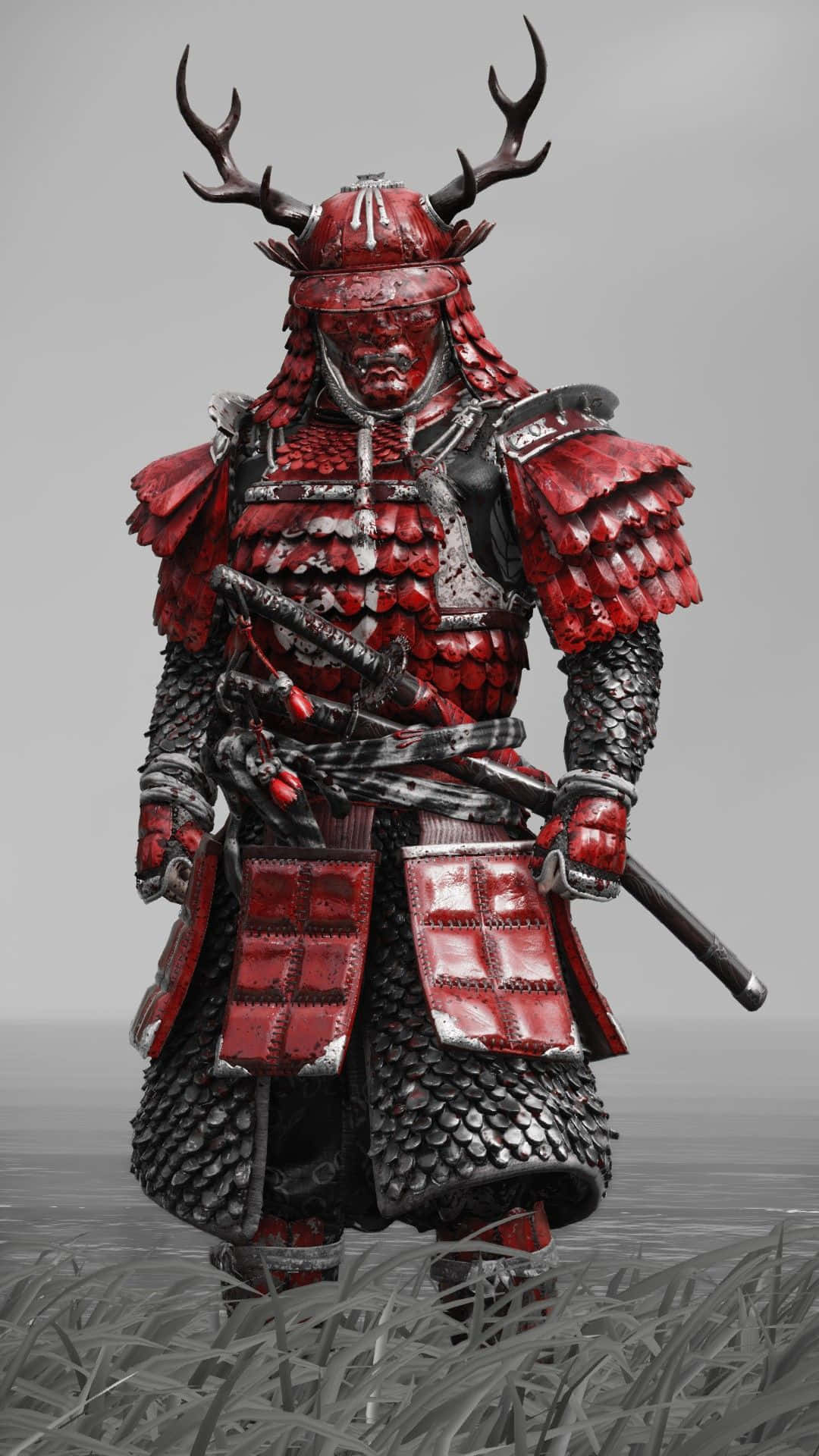 Samurai Armor 桌布 壁紙 — 一位身穿華麗紅黑盔甲、頭戴鹿角頭盔的武士，站在灰色草地上，背景中性。