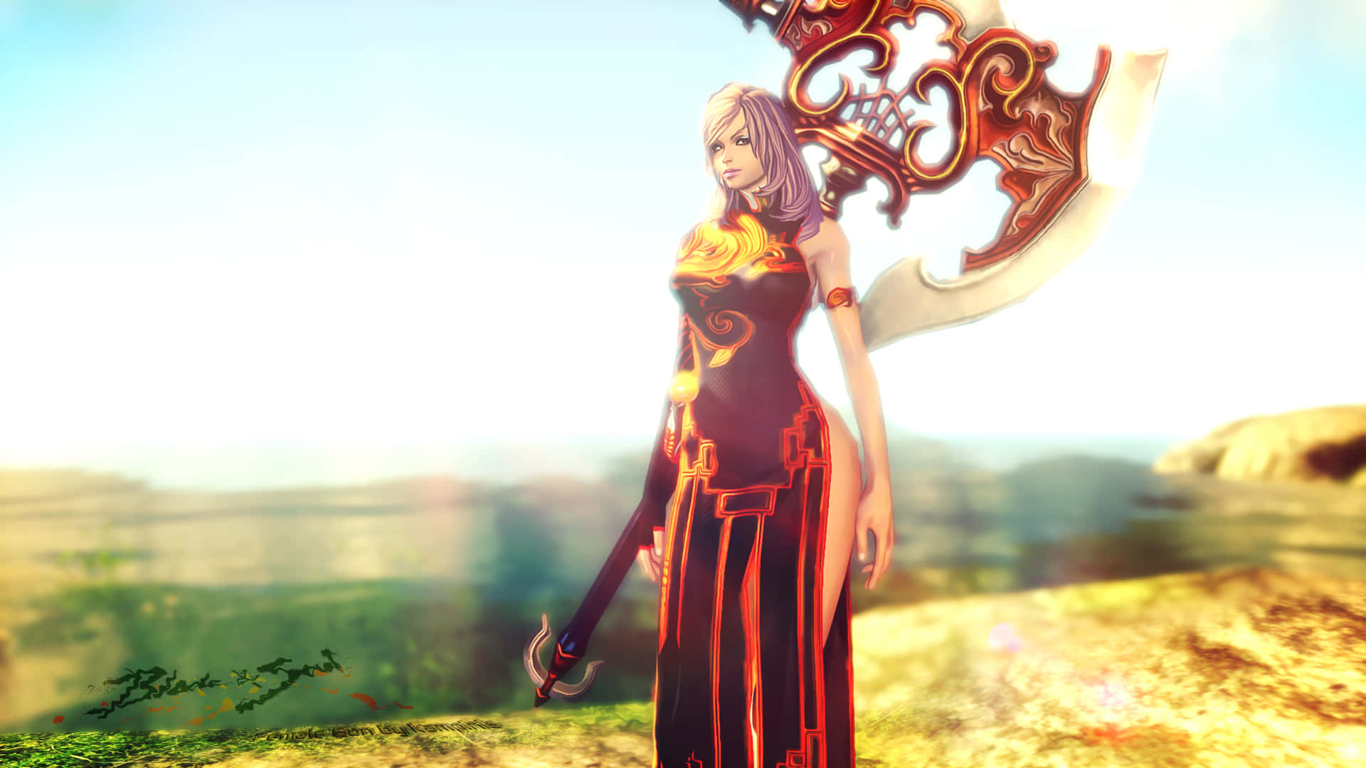 blade and soul 桌布 壁紙 — 一位身穿華麗紅黑盔甲的奇幻女戰士站在陽光普照的懸崖頂上，手持一把巨大的發光劍。