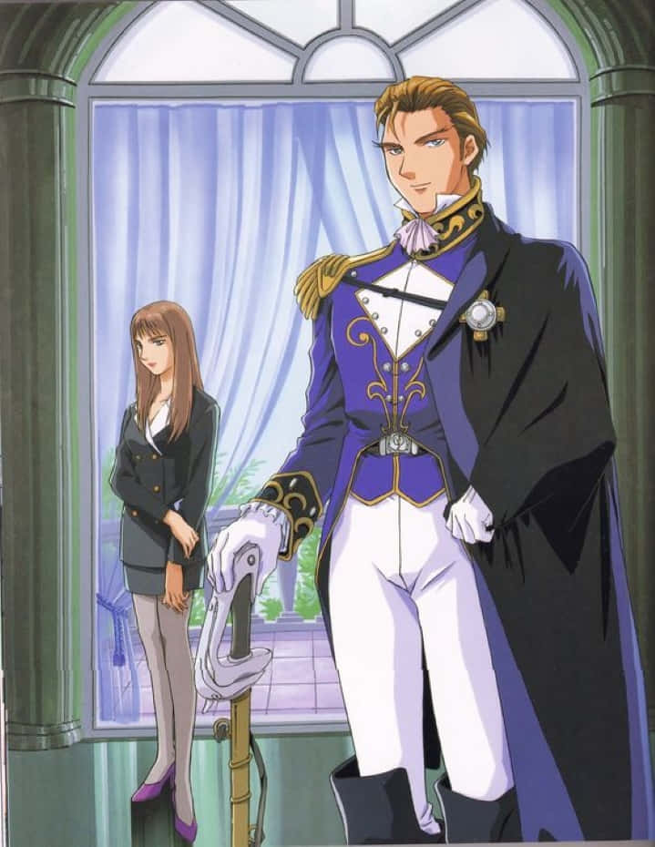 treize khushrenada 桌布 壁紙 — 一位身穿華麗紫白色制服的貴族站在一位穿深色西裝的女性旁邊，附近有一個大拱形窗。