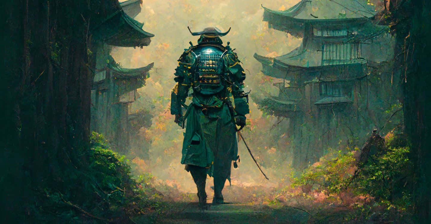Feudal Japan 桌布 壁紙 — 一位身穿華麗綠色盔甲的武士沿著霧氣瀰漫的森林小徑走向古老的日本建築。