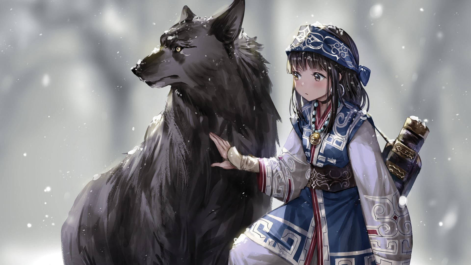 Animated Girl 桌布 壁紙 — 一位身穿華麗藍白服飾的年輕女孩，在迷霧冬日森林中飄落的雪花中，輕輕撫摸著一隻巨大的黑狼。