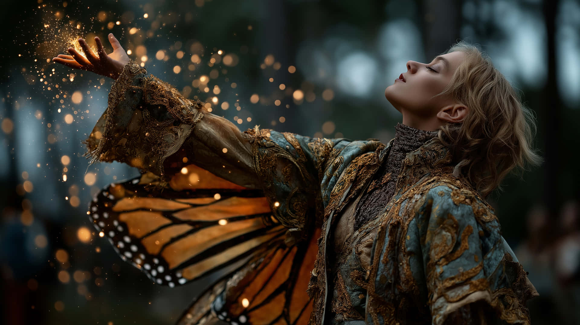 Mystical Butterfly Mage with Sparkles and Ornate Attire 壁紙 — 一位身穿華麗藍金色服飾、擁有帝王蝶翅膀的女性在森林中伸出手，金色粒子在她周圍旋轉。