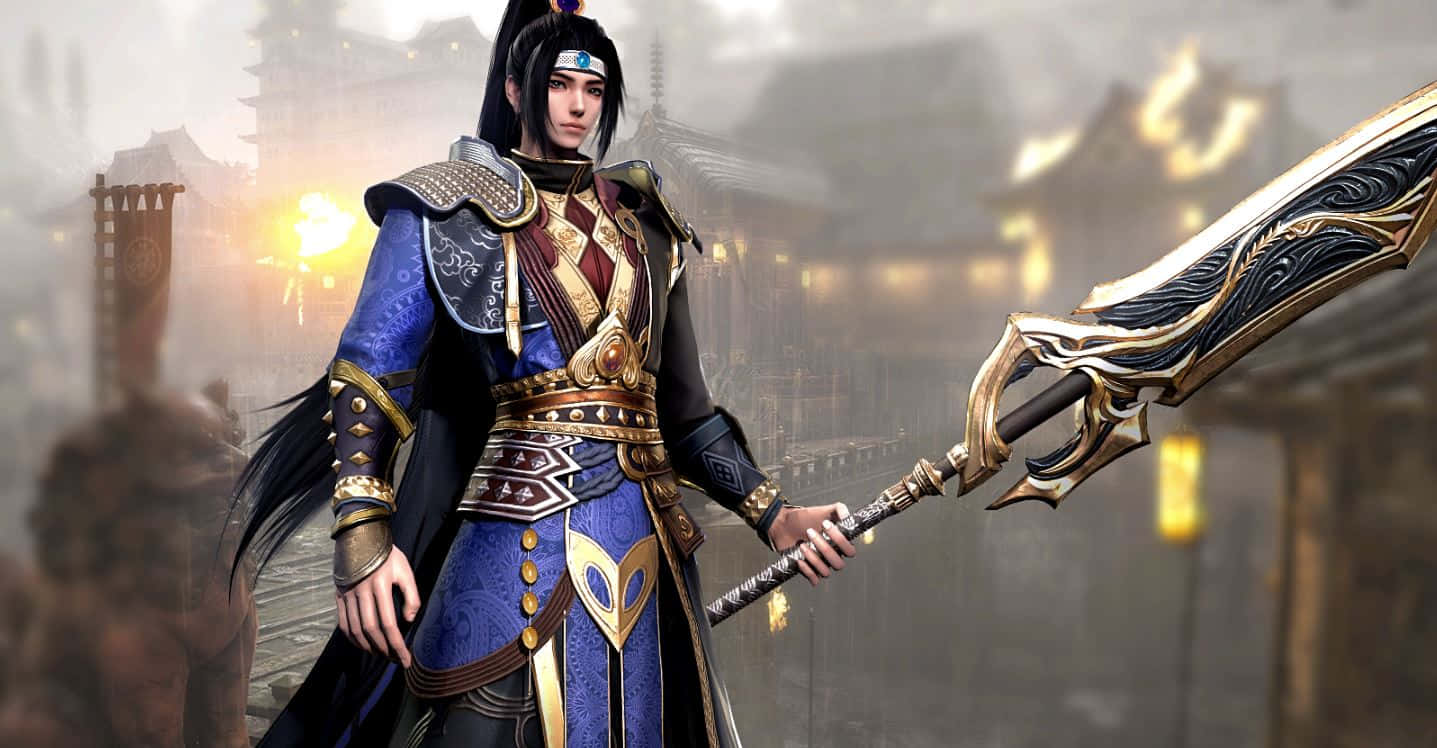 Blood Of Steel 桌布 壁紙 — 一位身穿華麗藍金鎧甲的戰士，在迷霧籠罩的古城背景下，手持一把巨劍。