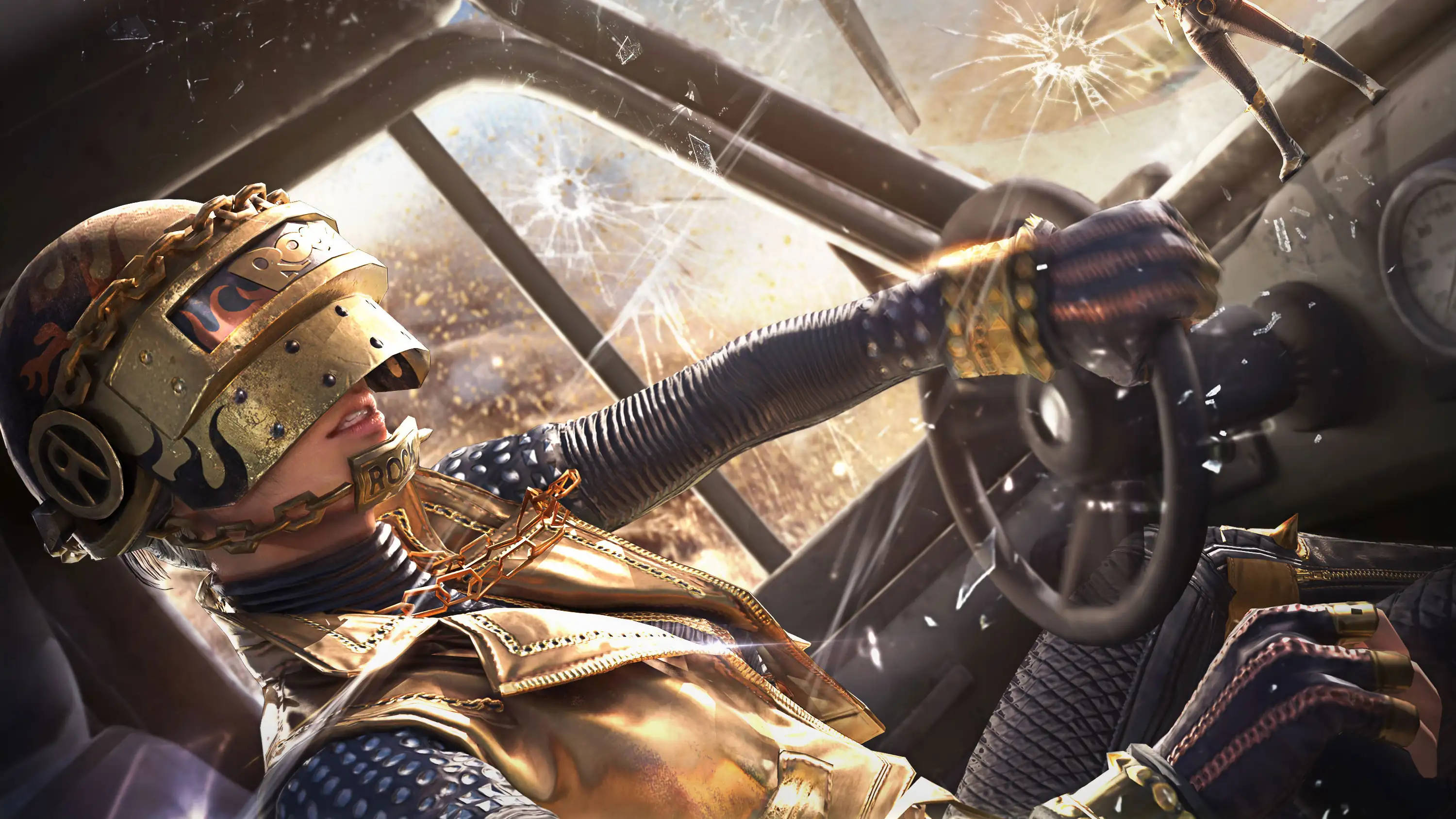 Playerunknown's Battlegrounds 桌布 壁紙 — 一位身穿華麗金色盔甲的戰士在高速車輛中握著方向盤，周圍飛濺著破碎的玻璃。