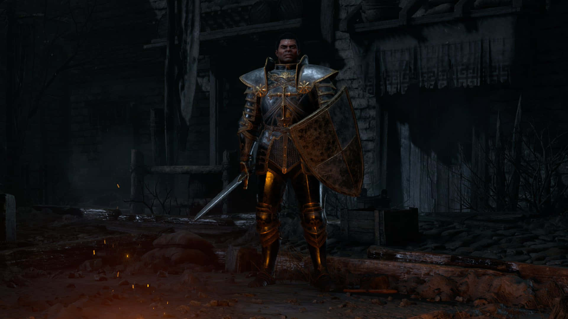 Diablo 2 Resurrected 桌布 壁紙 — 一位身穿華麗金色盔甲的騎士，在黑暗破敗的庭院中手持劍與盾，傲然挺立。