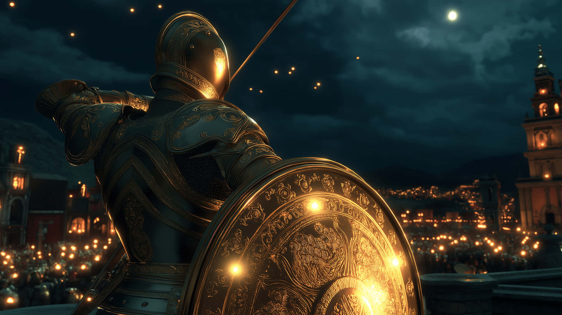 Armored Defender Overlooking a Ceremonial Night Scene 壁紙 — 一位身穿華麗金色盔甲的騎士在夜晚站在屋頂上，手持發光的盾牌和劍，俯瞰著在月光下被溫暖燈籠照亮的城市。
