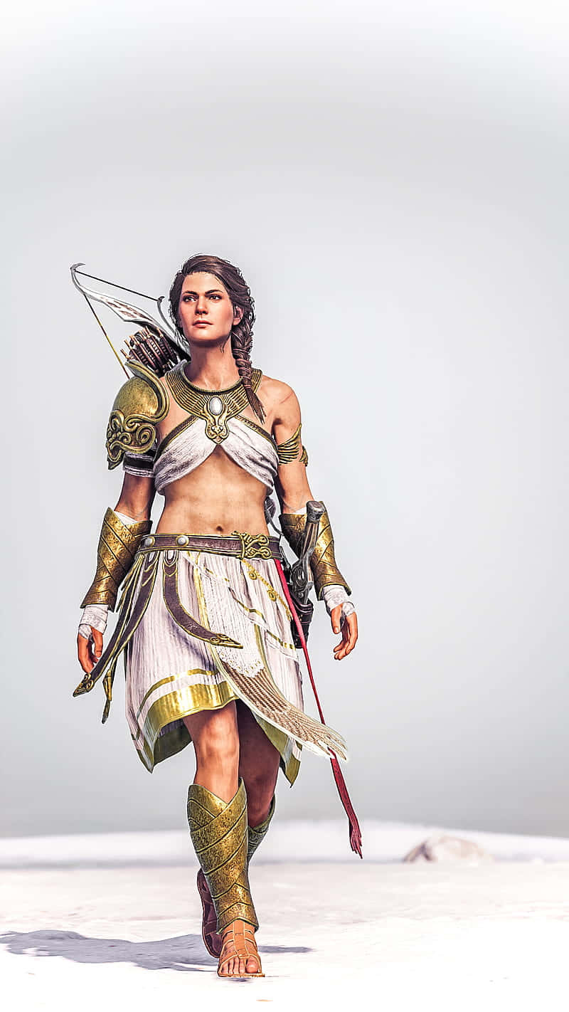 Android Assassin's Creed Odyssey 桌布 壁紙 — 一位身穿華麗金色鎧甲的女戰士，在蒼白的天空下自信地走過廣闊的雪原。