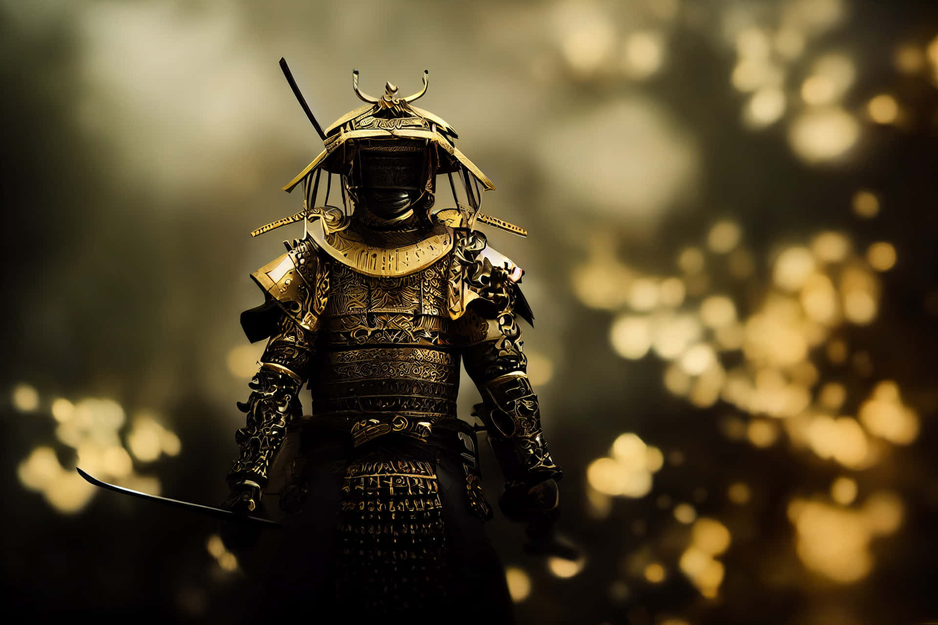 Samurai Armor 桌布 壁紙 — 一位身穿華麗金色鎧甲的武士戰士，在發光的散景背景前莊嚴地站立。