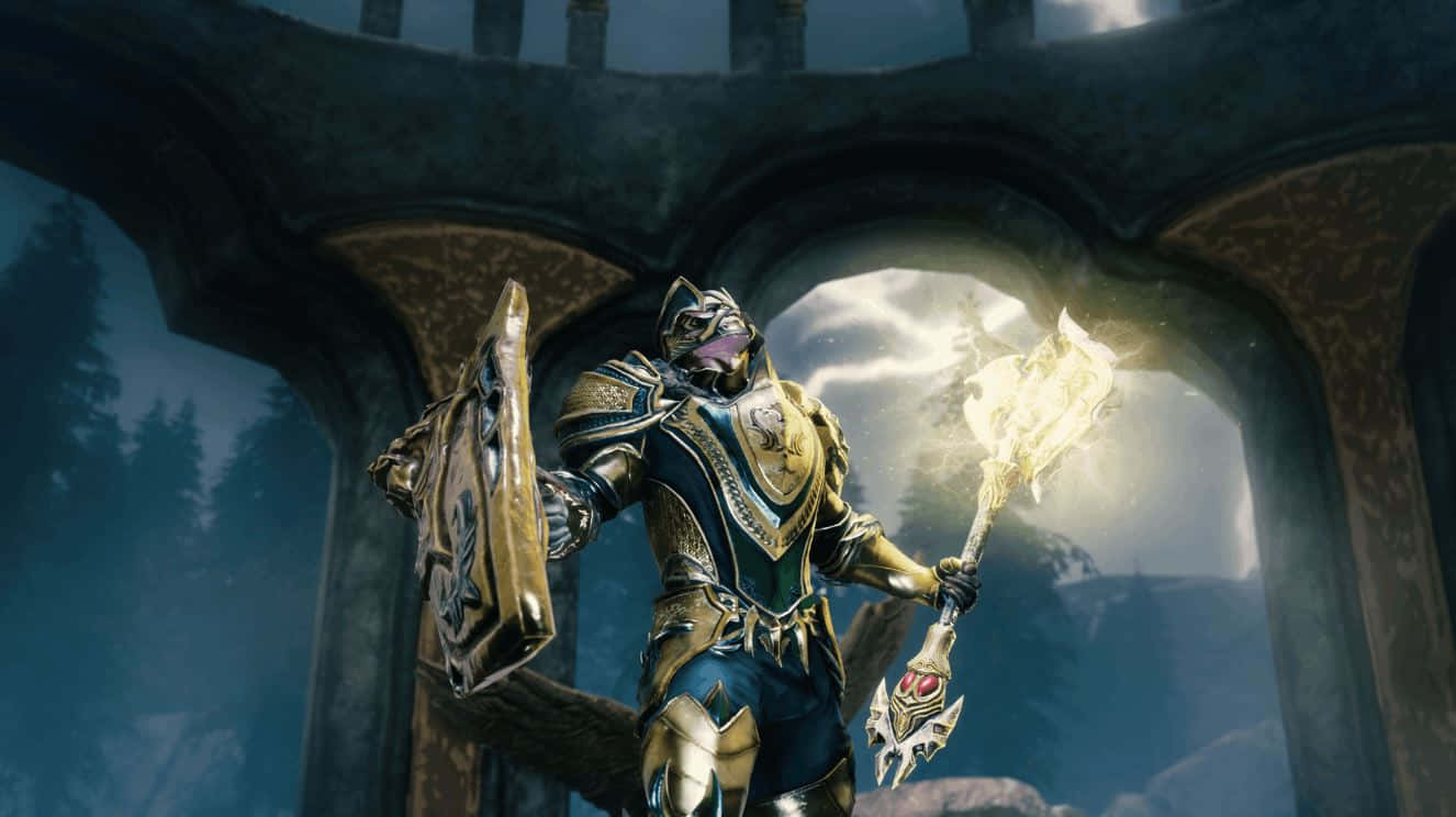 Online Gaming 桌布 壁紙 — 一位身穿華麗金藍色盔甲的騎士站在石拱門中，揮舞著發光的魔法武器。