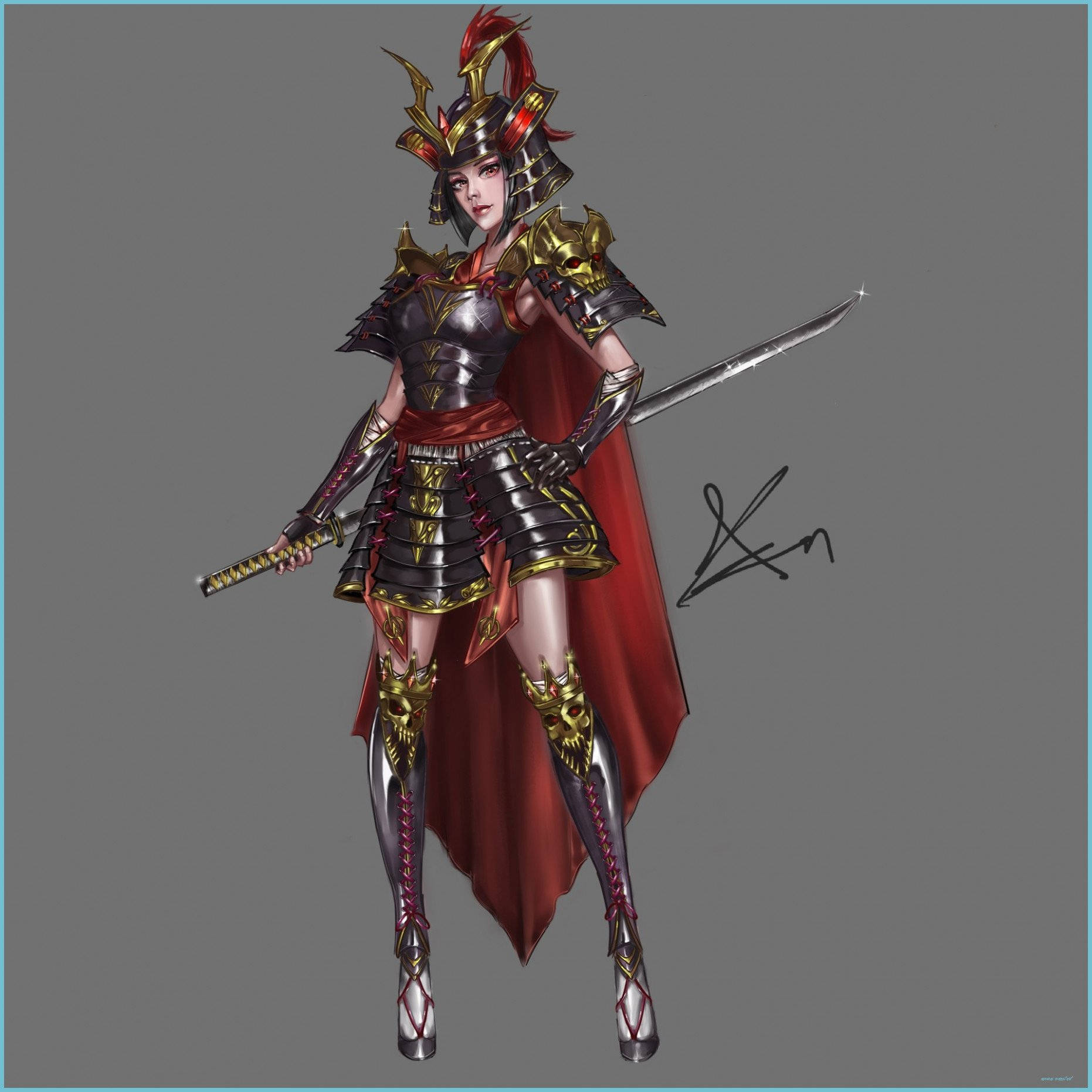 Woman 桌布 壁紙 — 一位身穿華麗金黑盔甲、披著飄逸紅色斗篷的女武士，手持武士刀，站在樸素的灰色背景前。