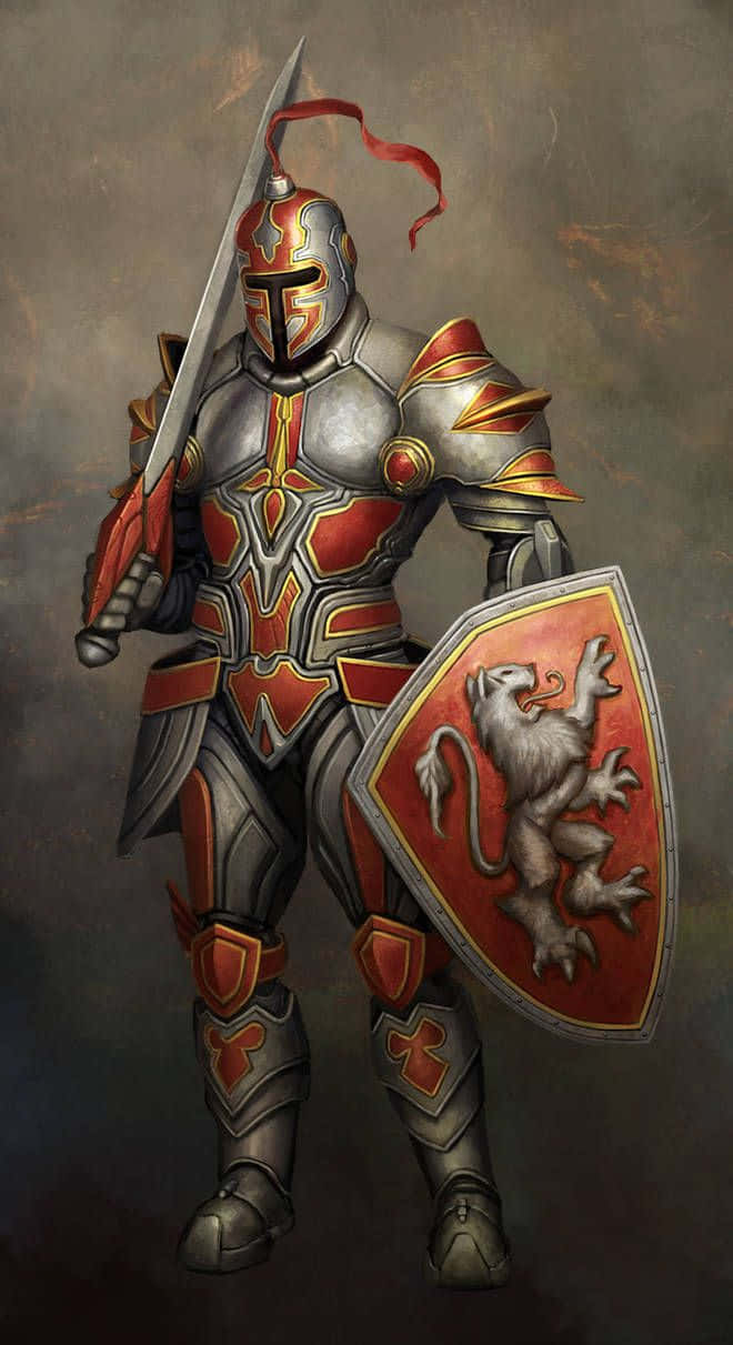 Crusader 桌布 壁紙 — 一位身穿華麗銀紅鎧甲的騎士，手持劍和盾牌，盾牌上飾有躍立的獅子。